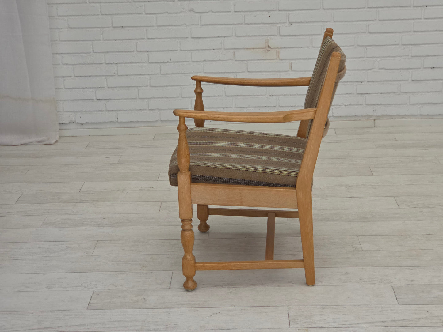 1970s, pair of Scandinavian armchairs, furniture wool, solid oak wood.