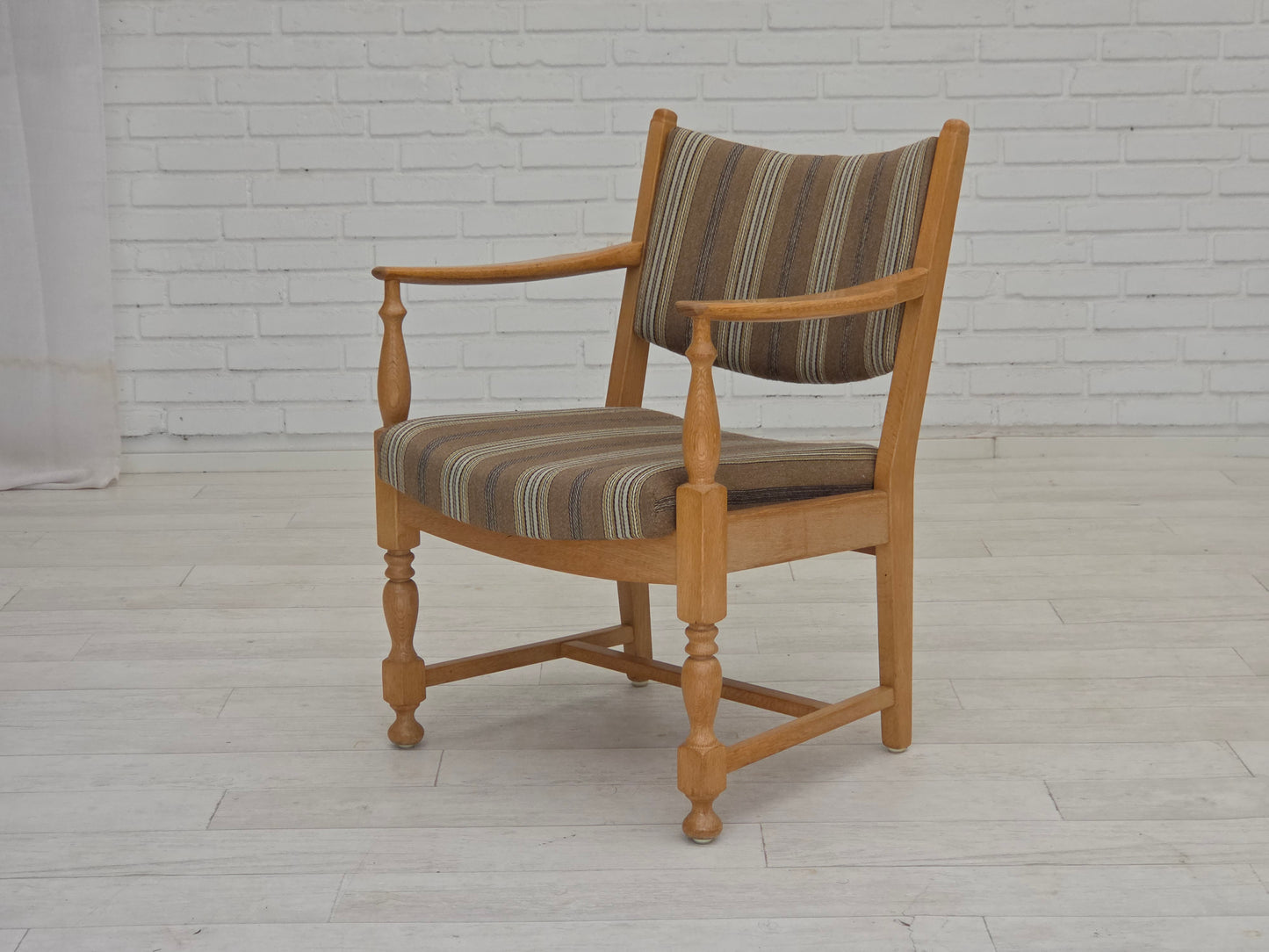 1970s, pair of Scandinavian armchairs, furniture wool, solid oak wood.