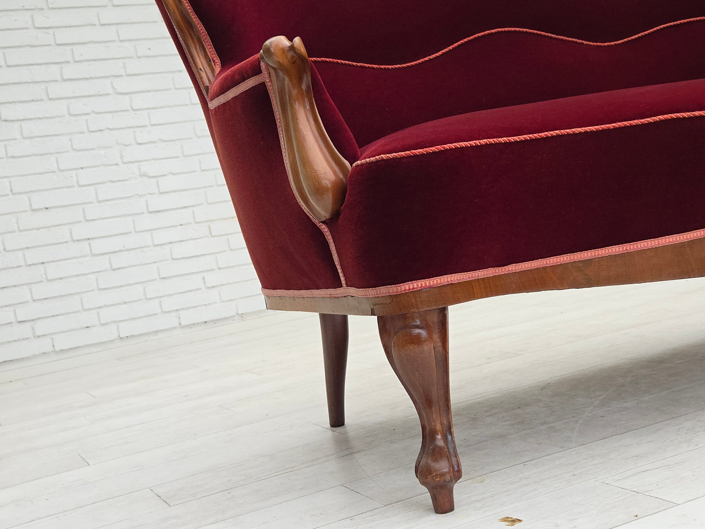 1920-30s, Danish 2-seater sofa, furniture velour, ash wood, reupholstered.