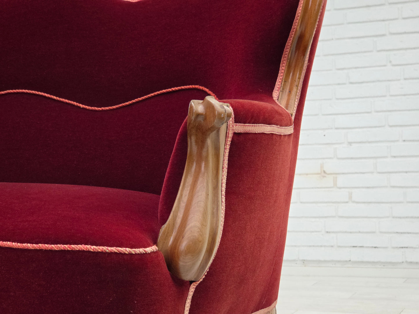 1920-30s, Danish 2-seater sofa, furniture velour, ash wood, reupholstered.