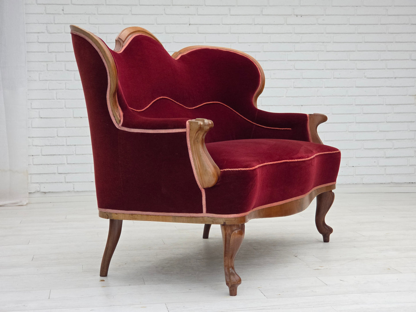 1920-30s, Danish 2-seater sofa, furniture velour, ash wood, reupholstered.