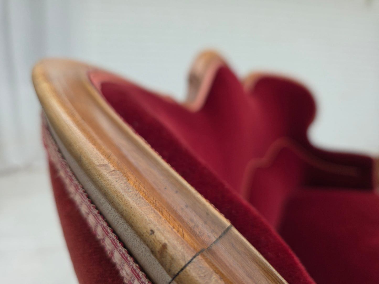 1920-30s, Danish 2-seater sofa, furniture velour, ash wood, reupholstered.