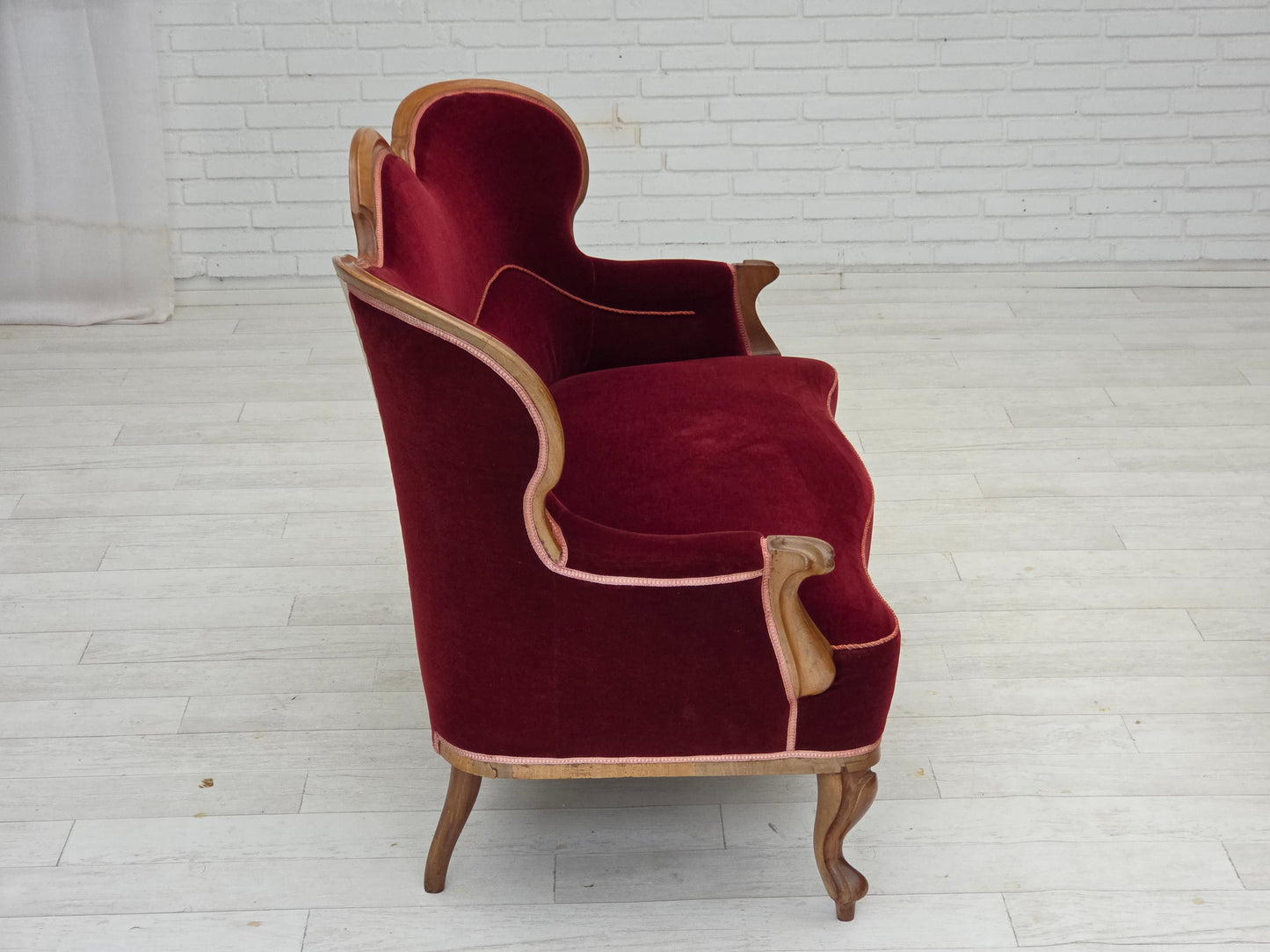 1920-30s, Danish 2-seater sofa, furniture velour, ash wood, reupholstered.