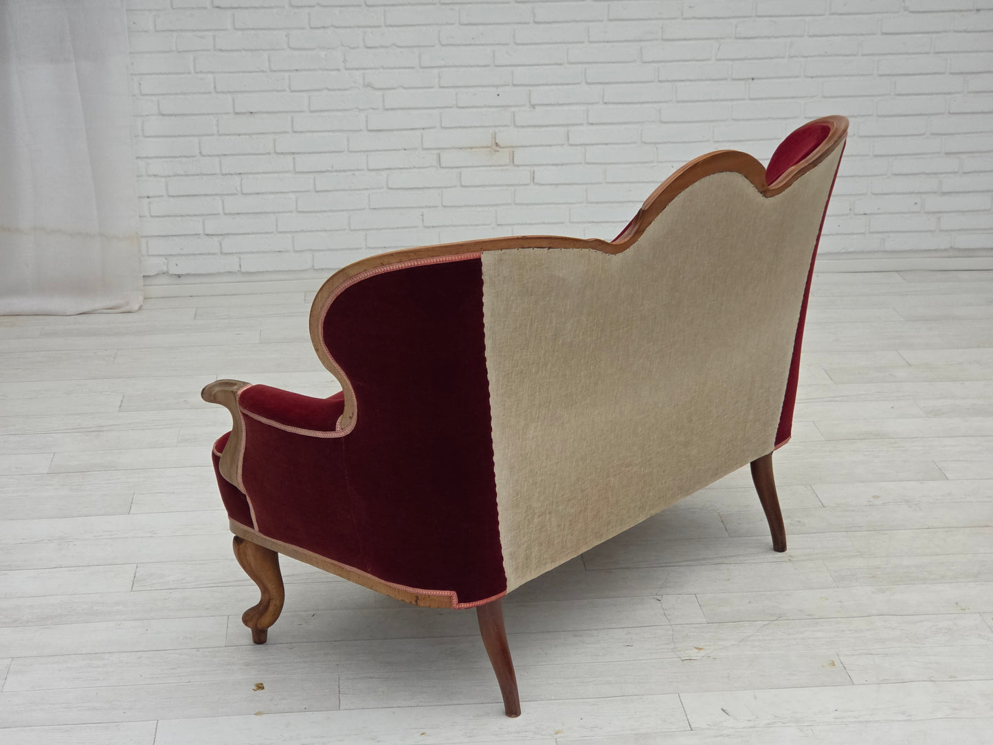 1920-30s, Danish 2-seater sofa, furniture velour, ash wood, reupholstered.