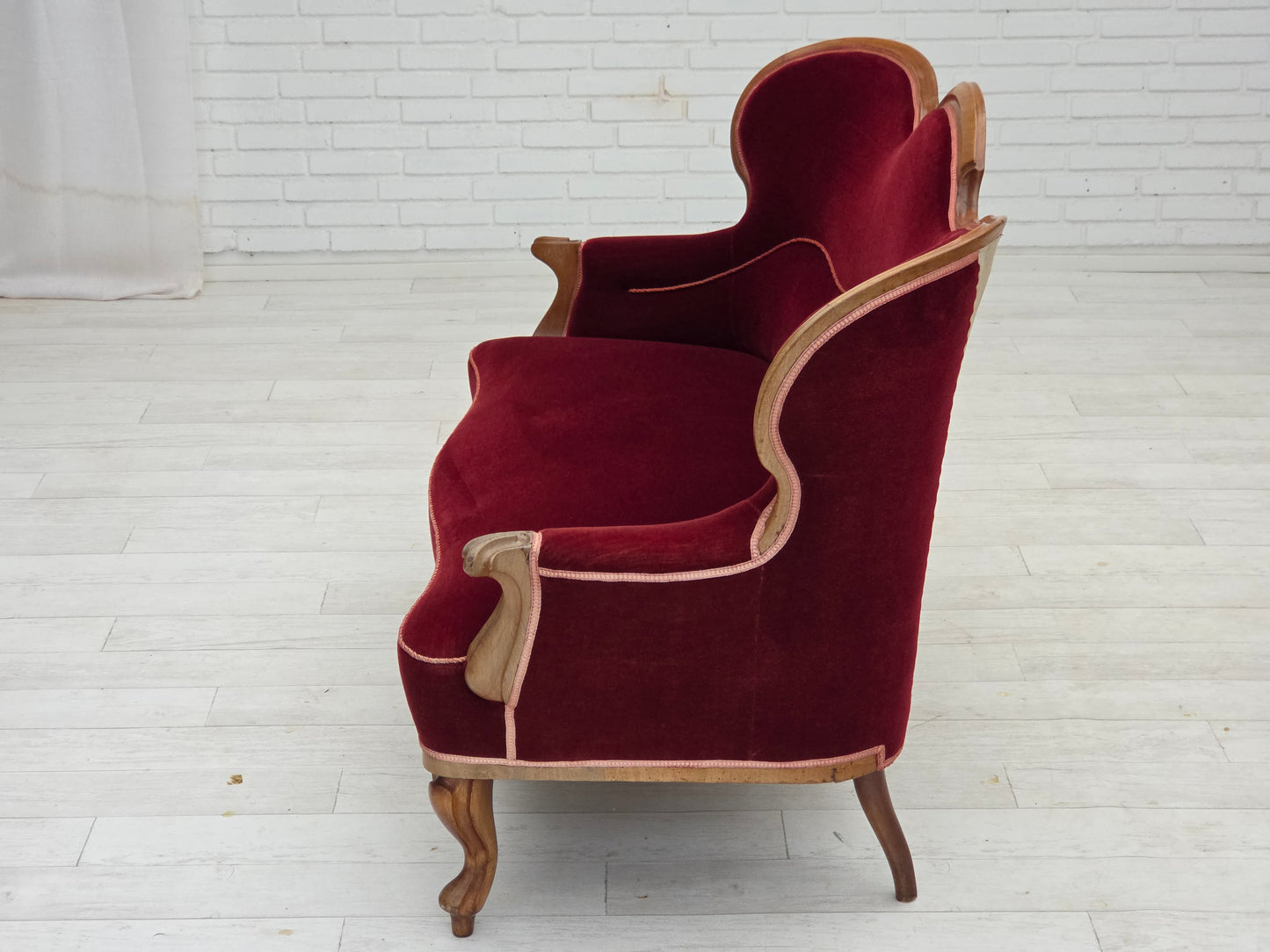 1920-30s, Danish 2-seater sofa, furniture velour, ash wood, reupholstered.