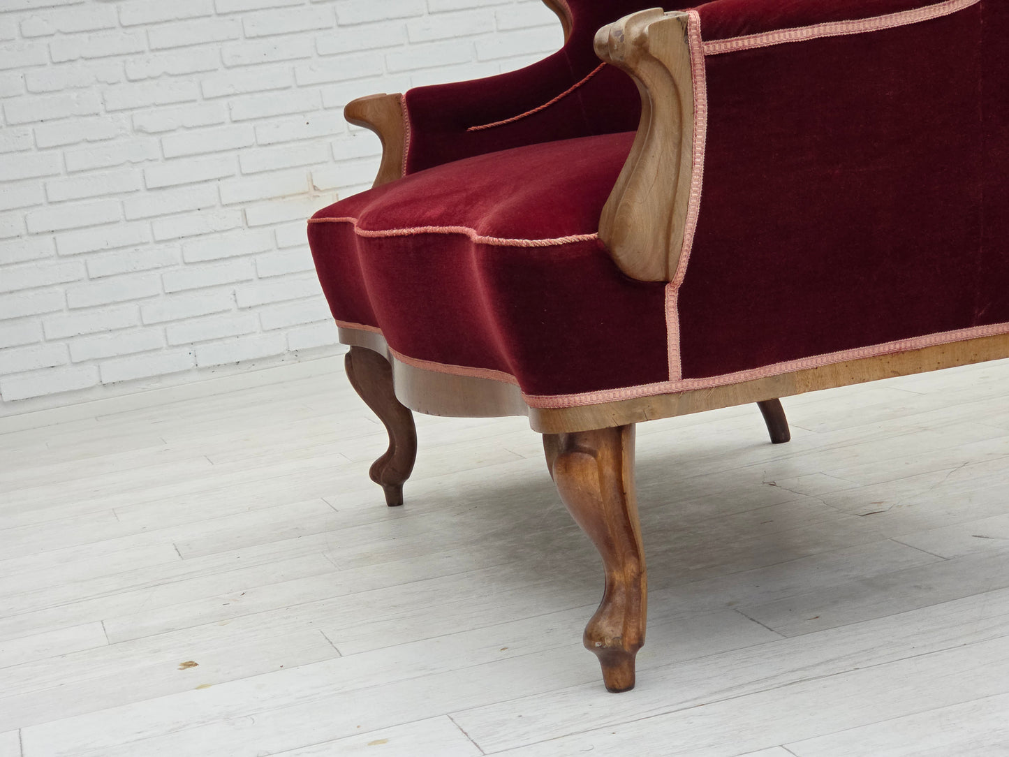 1920-30s, Danish 2-seater sofa, furniture velour, ash wood, reupholstered.