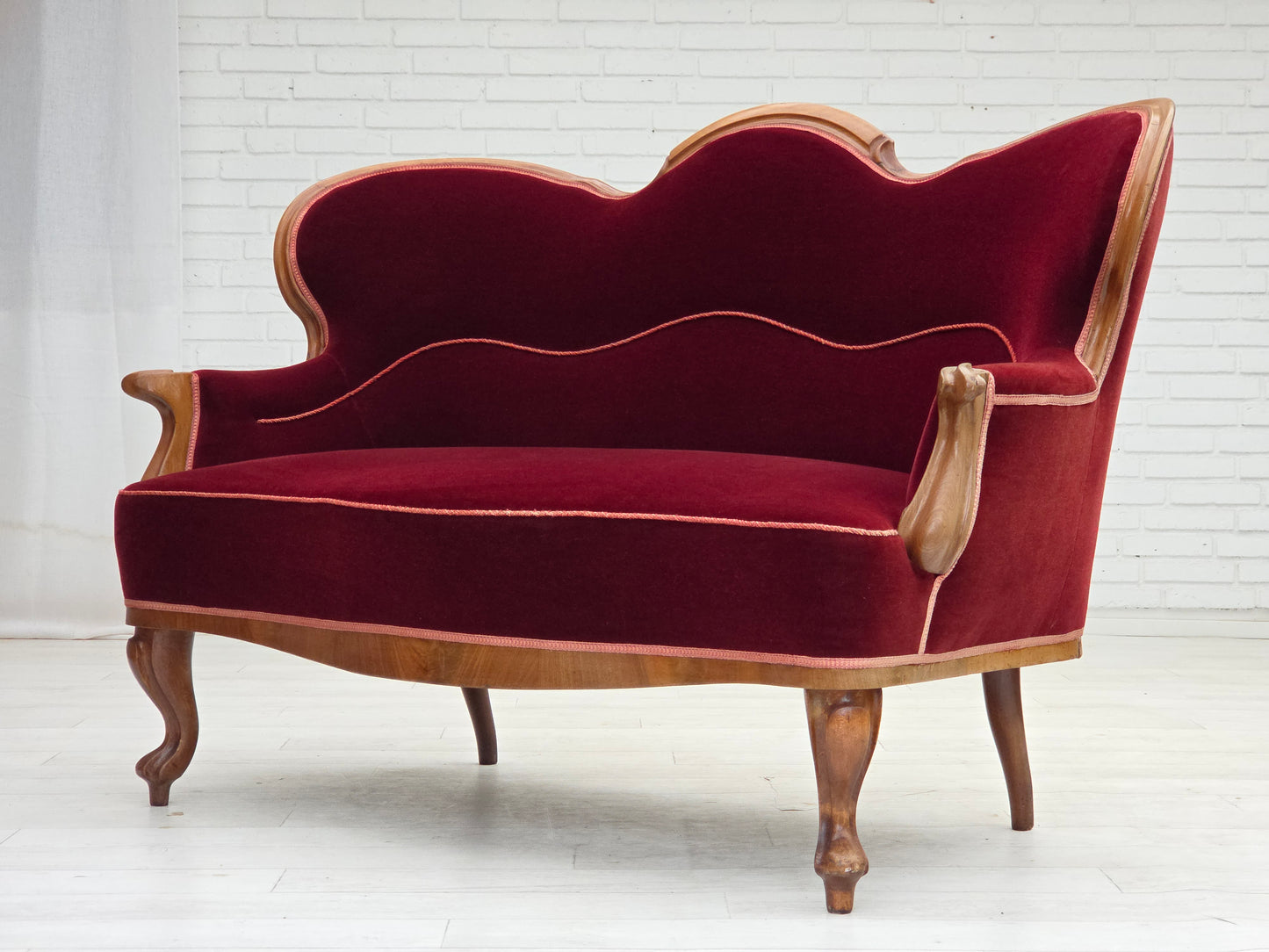 1920-30s, Danish 2-seater sofa, furniture velour, ash wood, reupholstered.