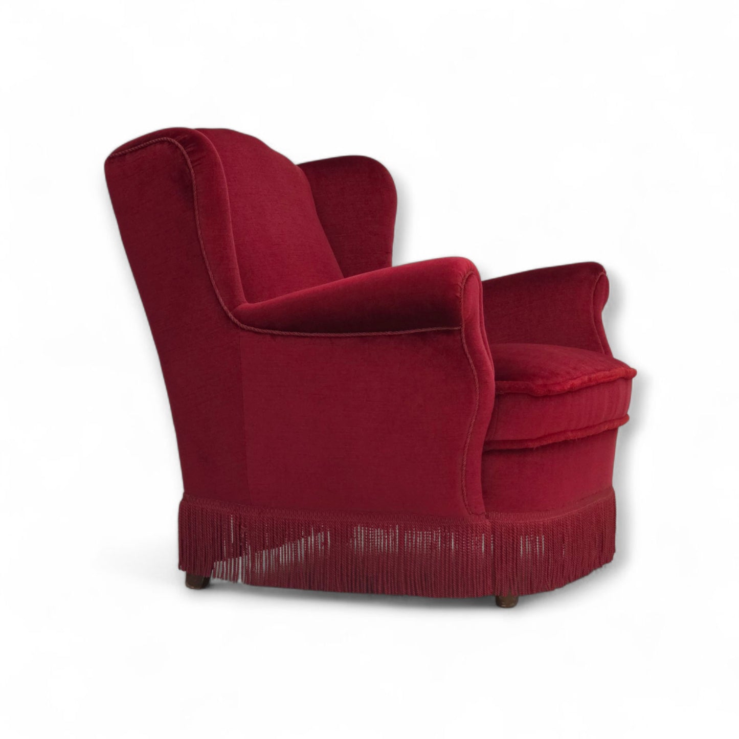 1960s, Danish armchair, red furniture velour, beech wood legs.