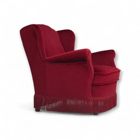 1960s, Danish armchair, red furniture velour, beech wood legs.