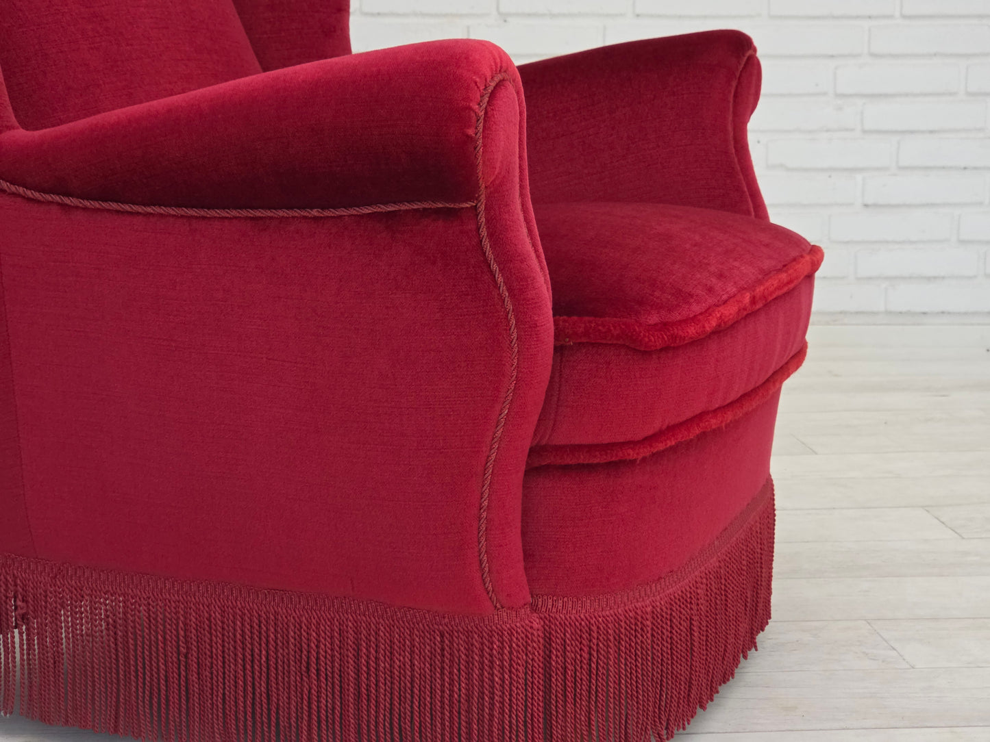 1960s, Danish armchair, red furniture velour, beech wood legs.