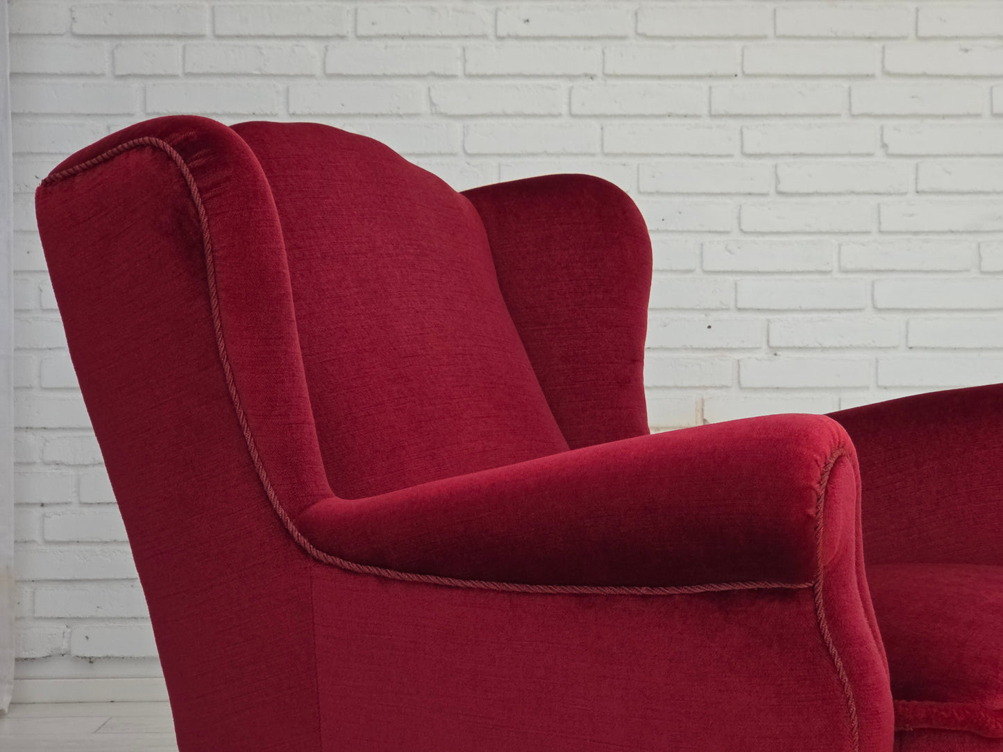 1960s, Danish armchair, red furniture velour, beech wood legs.