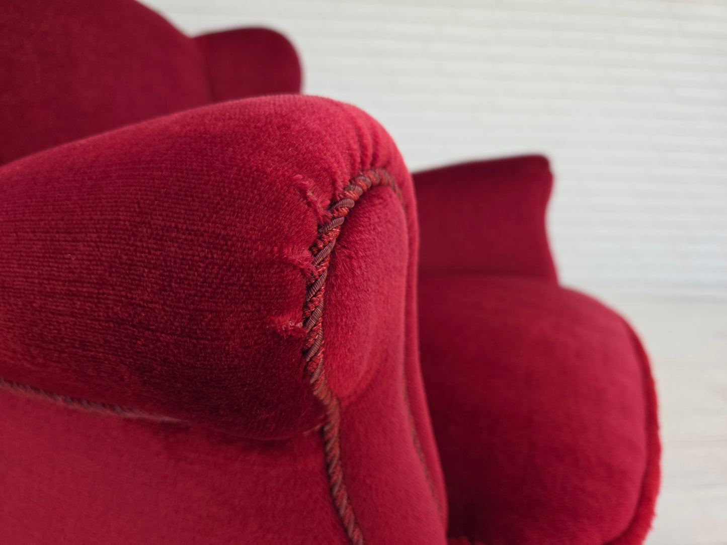 1960s, Danish armchair, red furniture velour, beech wood legs.