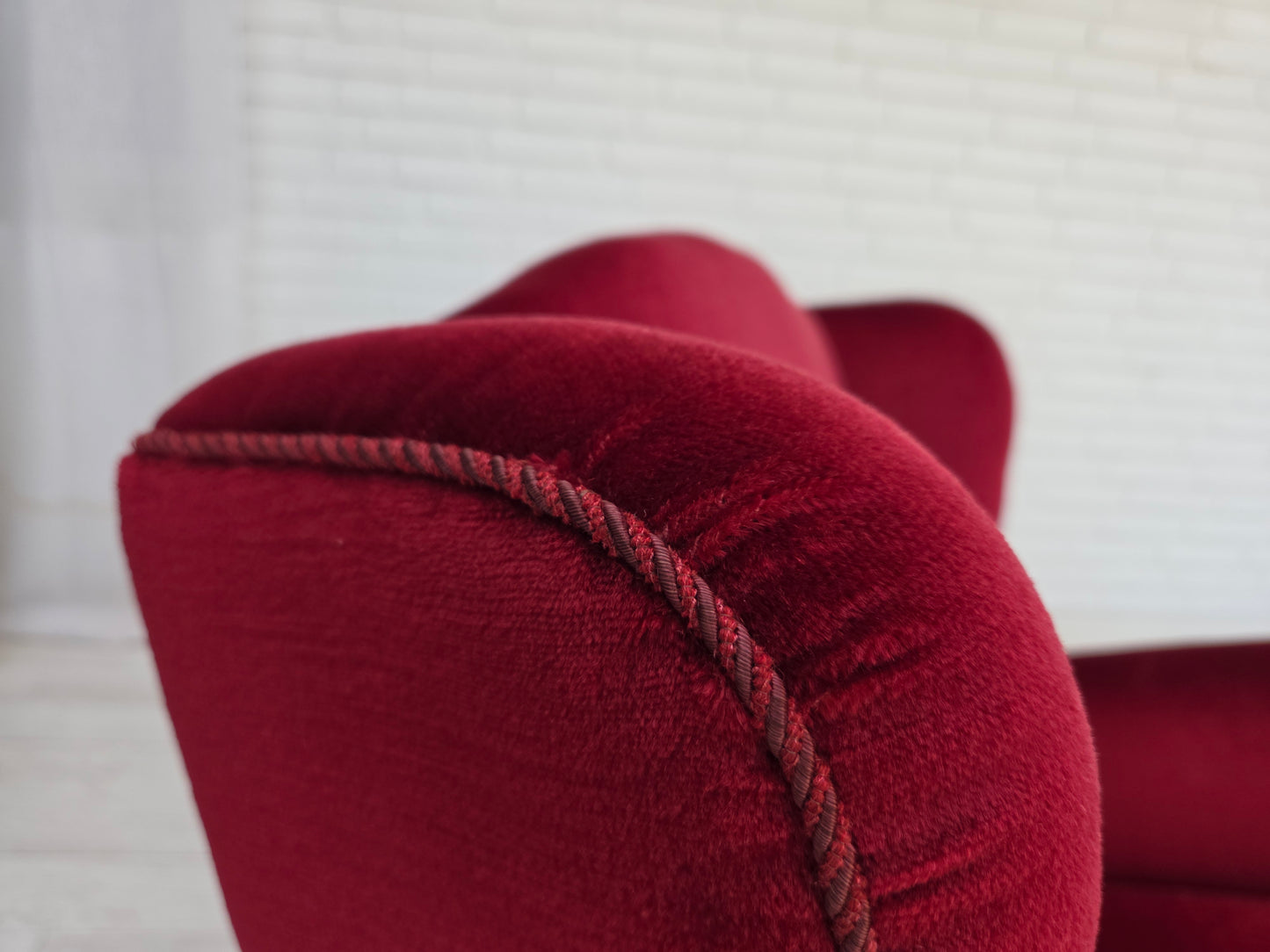 1960s, Danish armchair, red furniture velour, beech wood legs.