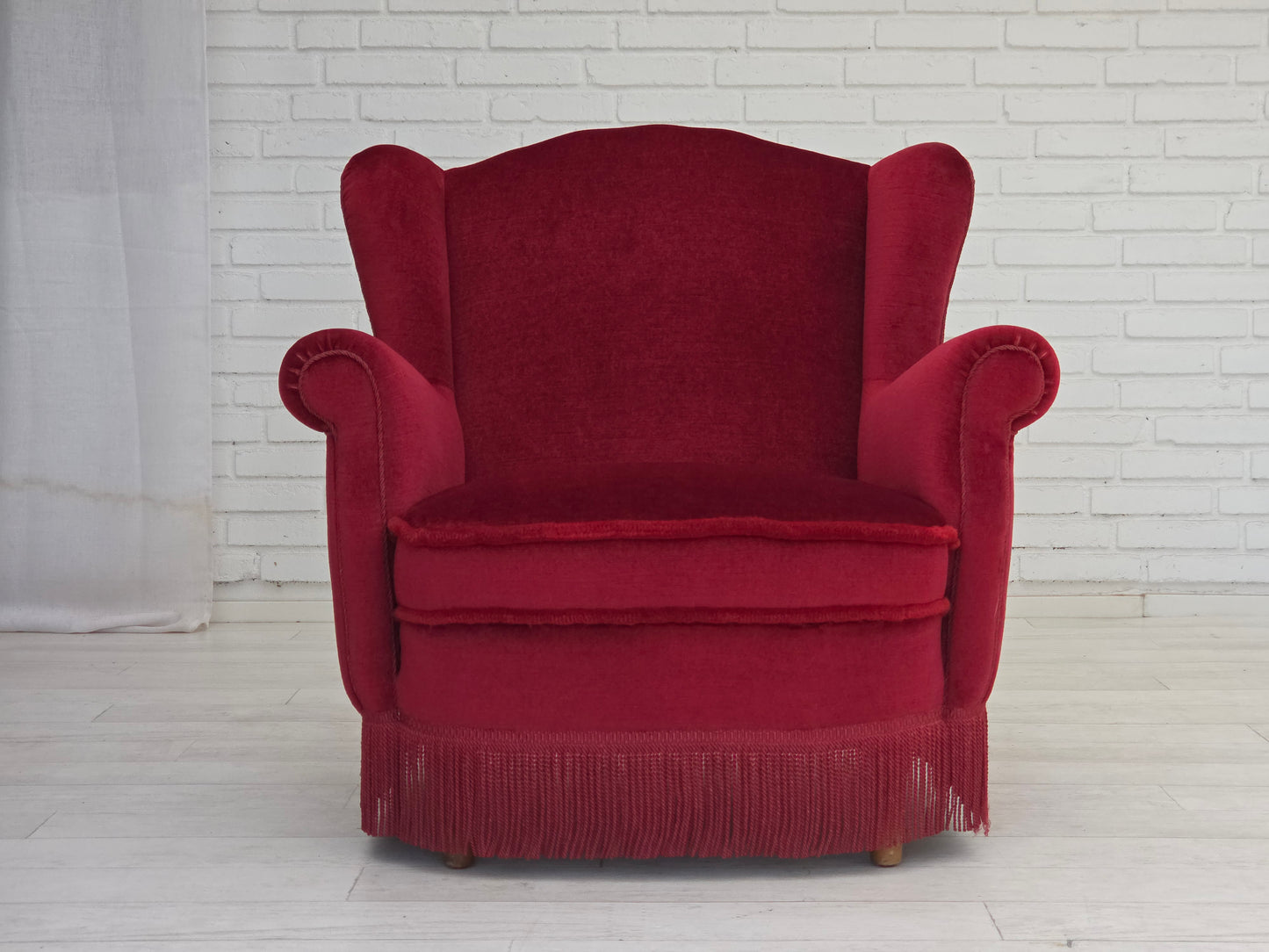 1960s, Danish armchair, red furniture velour, beech wood legs.