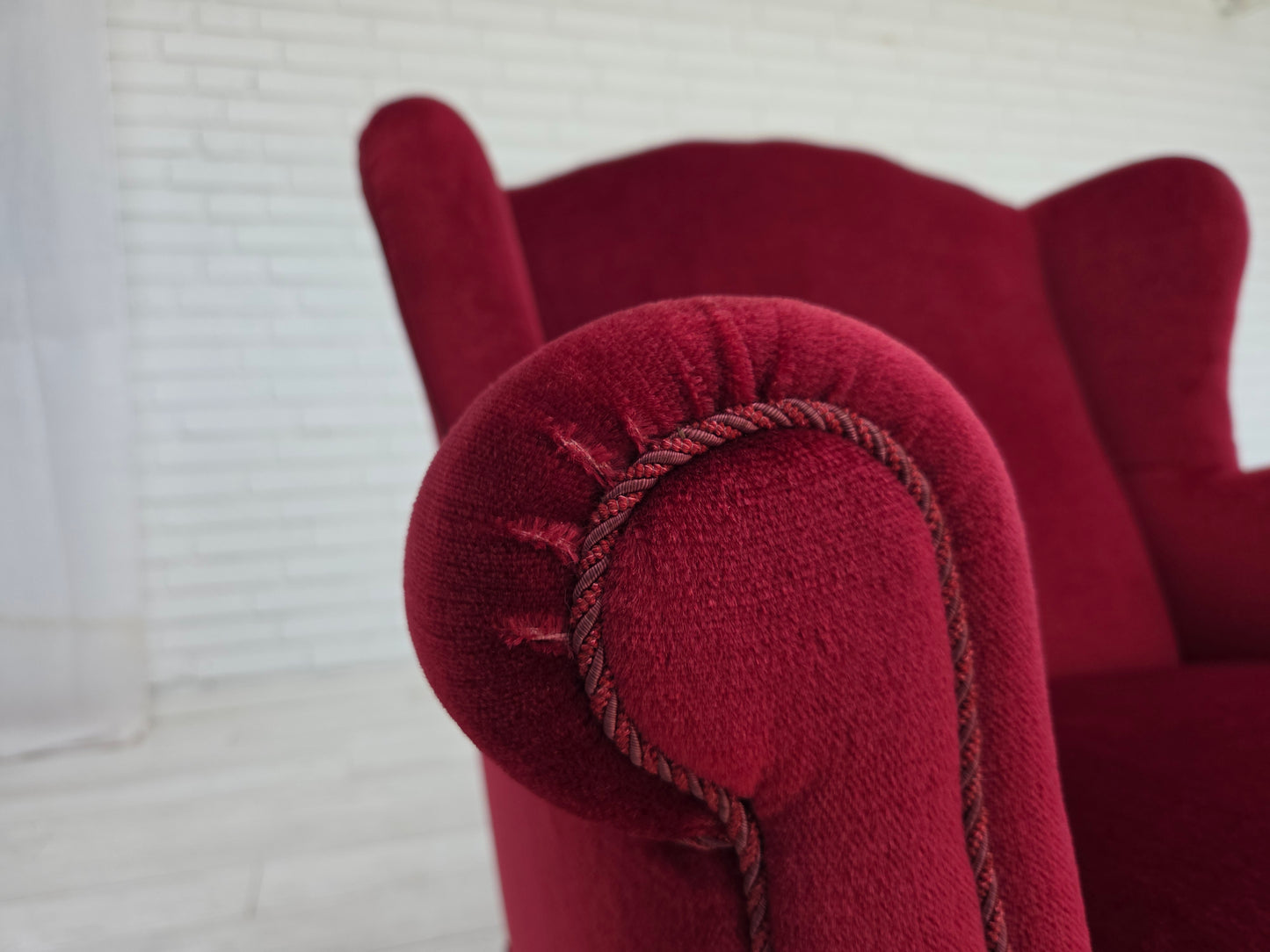 1960s, Danish armchair, red furniture velour, beech wood legs.