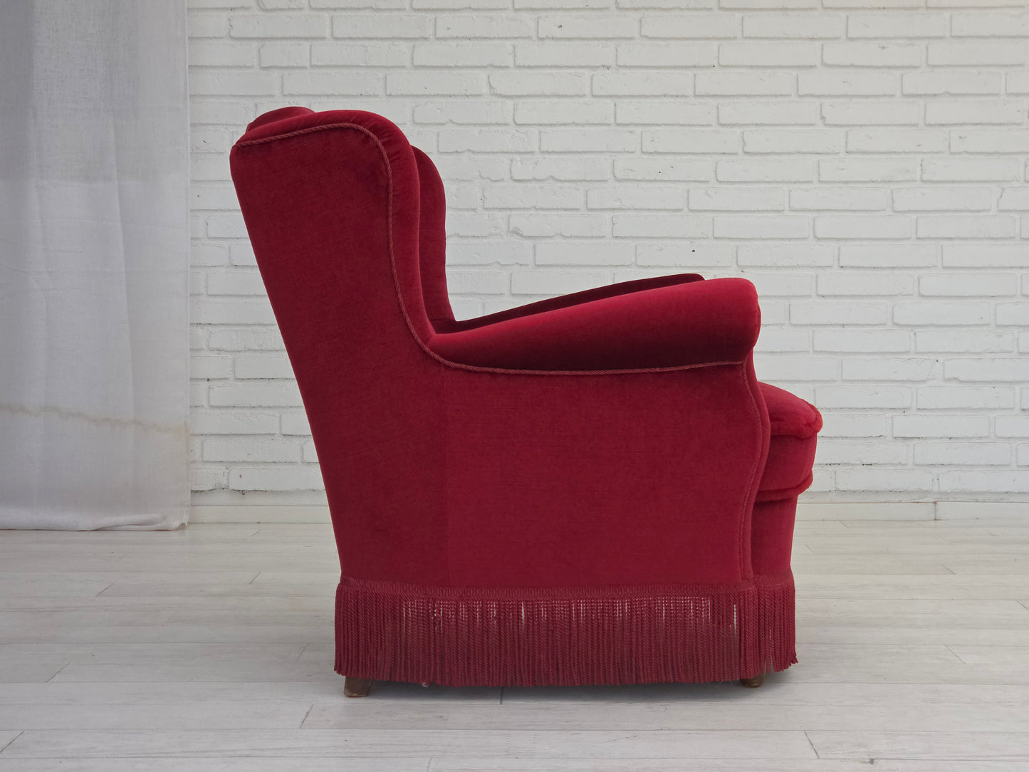 1960s, Danish armchair, red furniture velour, beech wood legs.