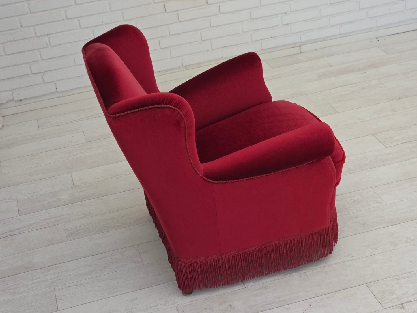 1960s, Danish armchair, red furniture velour, beech wood legs.