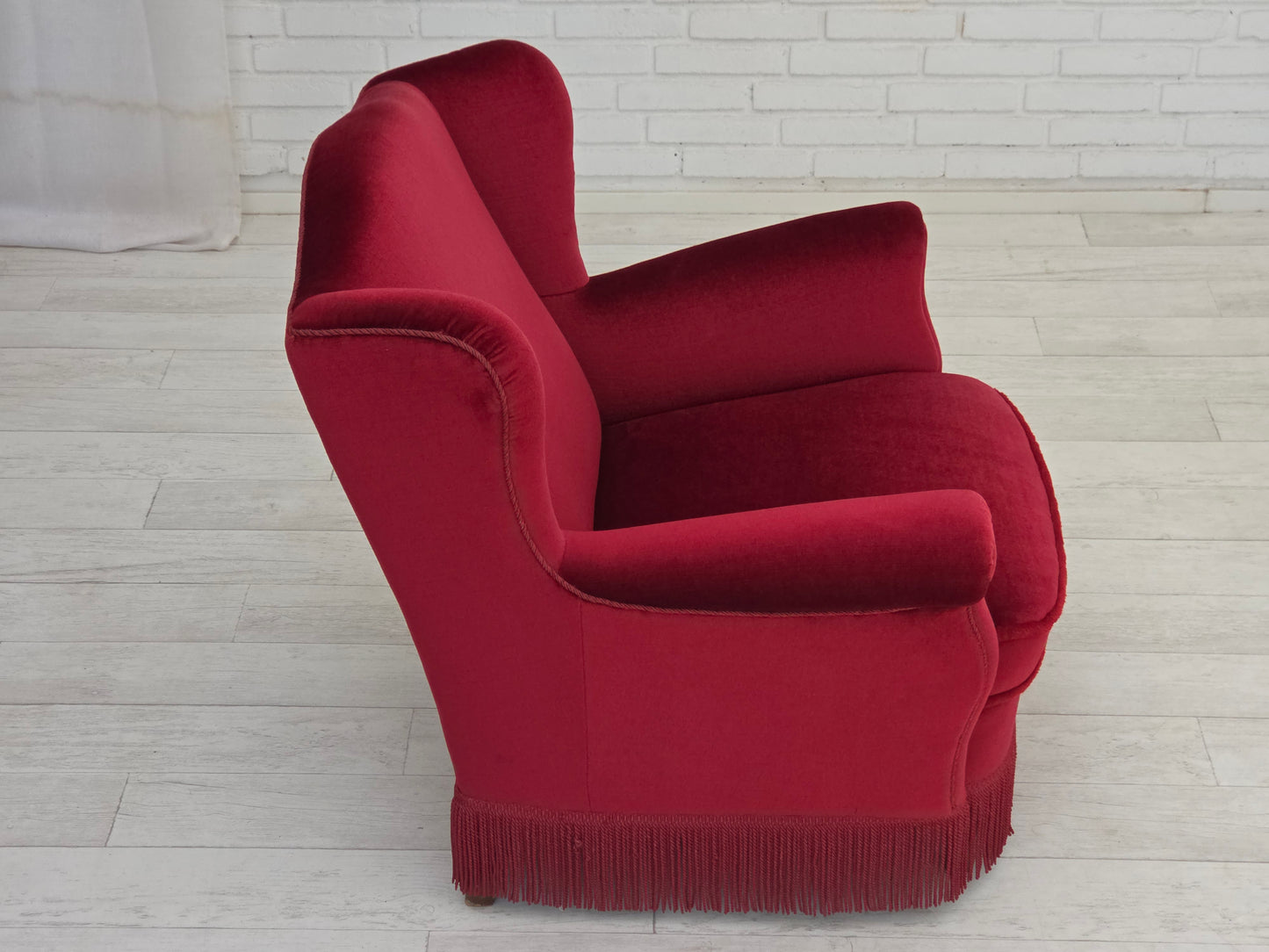 1960s, Danish armchair, red furniture velour, beech wood legs.