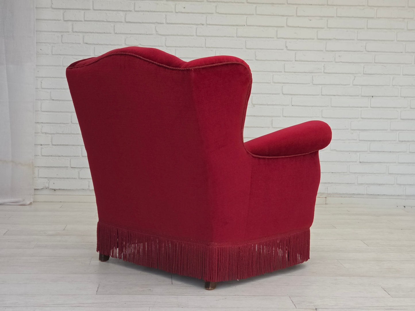 1960s, Danish armchair, red furniture velour, beech wood legs.
