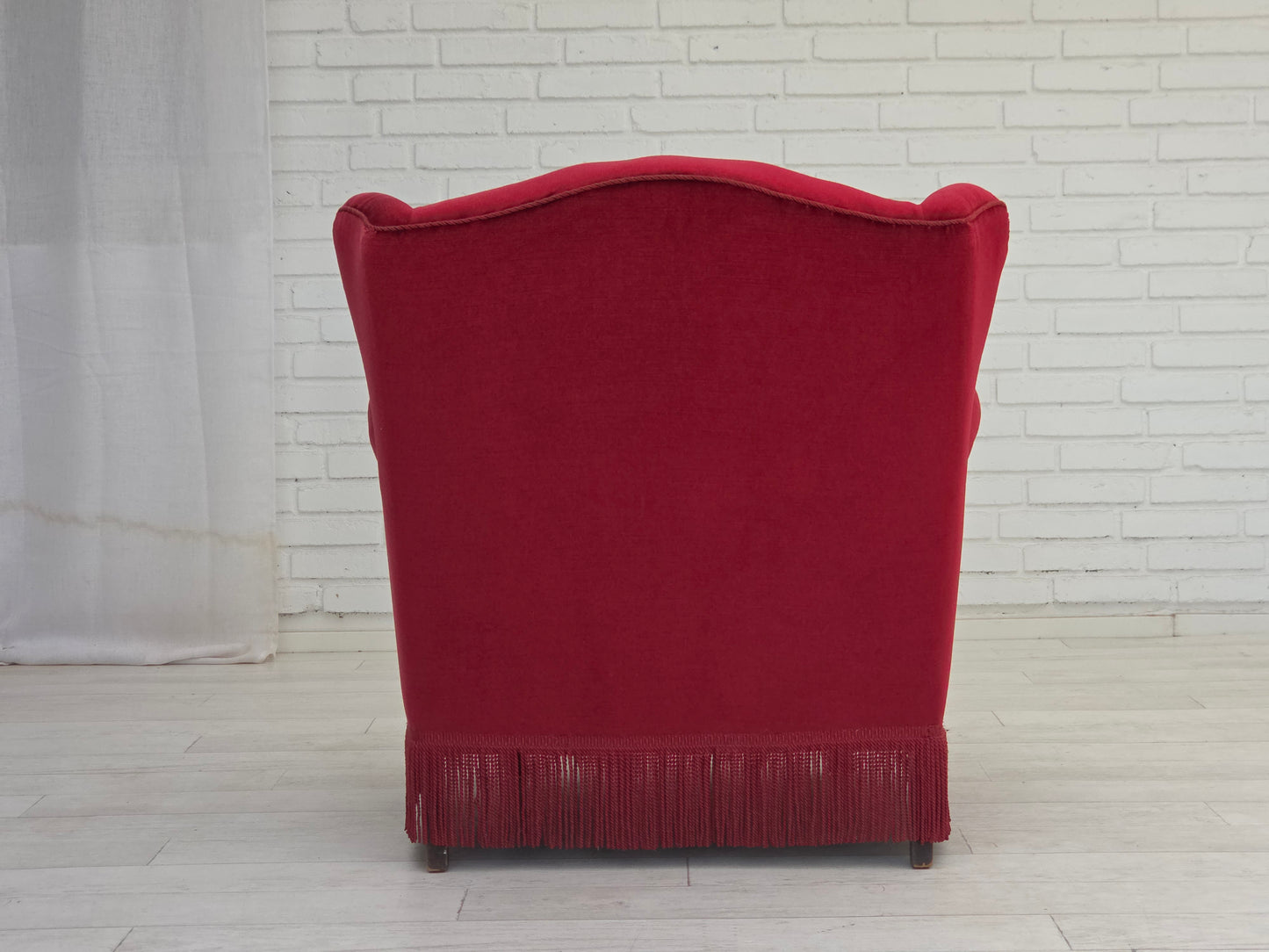 1960s, Danish armchair, red furniture velour, beech wood legs.
