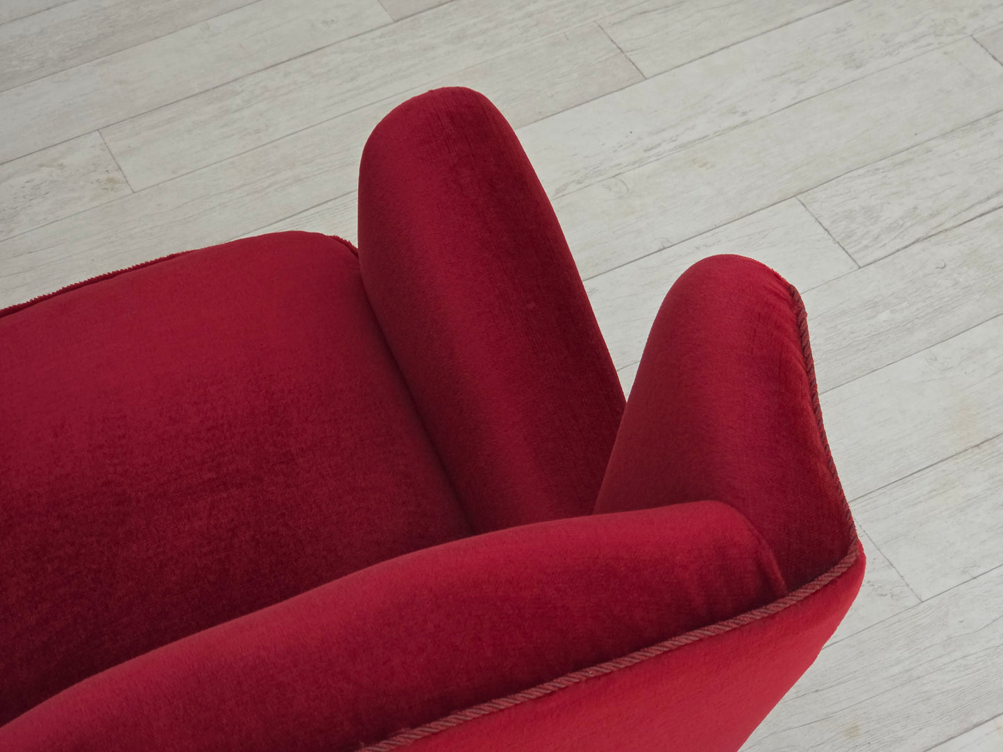 1960s, Danish armchair, red furniture velour, beech wood legs.