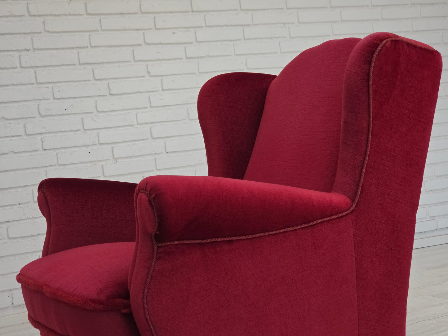 1960s, Danish armchair, red furniture velour, beech wood legs.