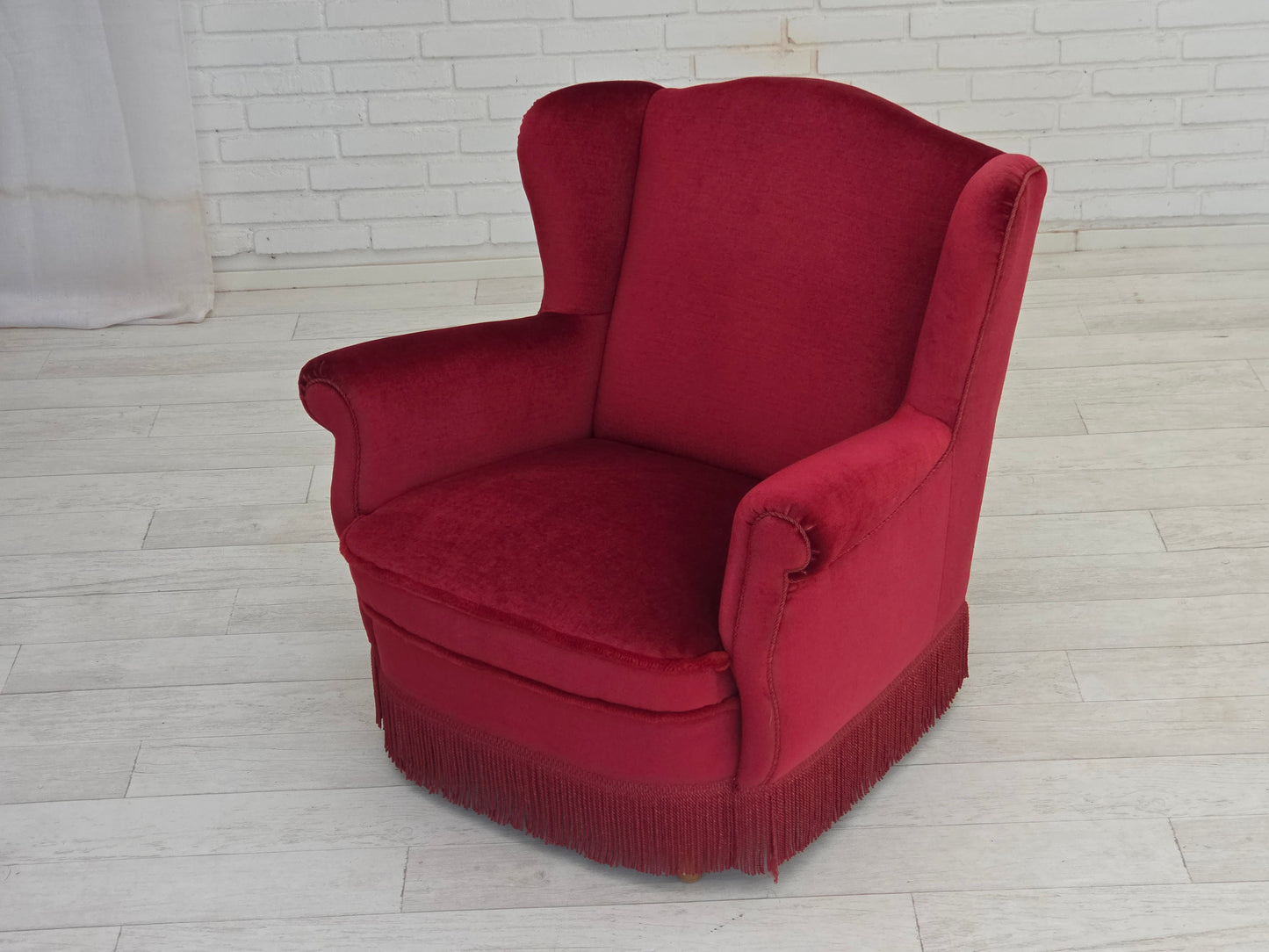 1960s, Danish armchair, red furniture velour, beech wood legs.