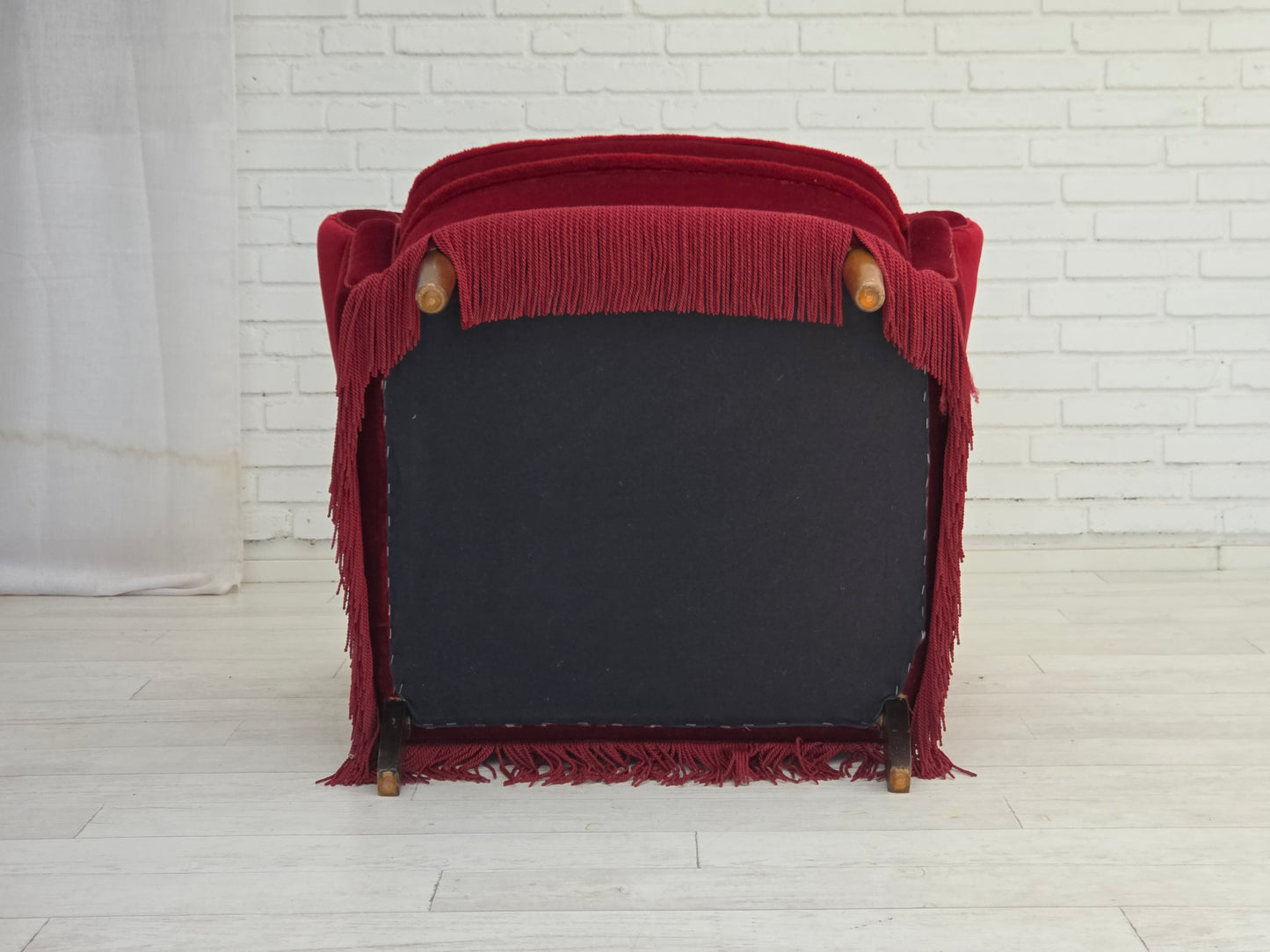 1960s, Danish armchair, red furniture velour, beech wood legs.