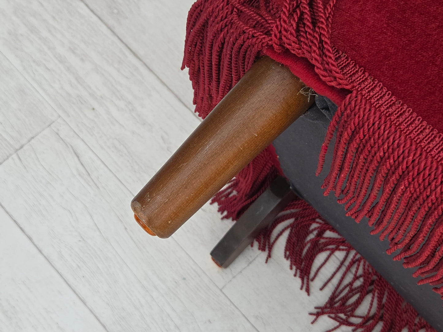 1960s, Danish armchair, red furniture velour, beech wood legs.