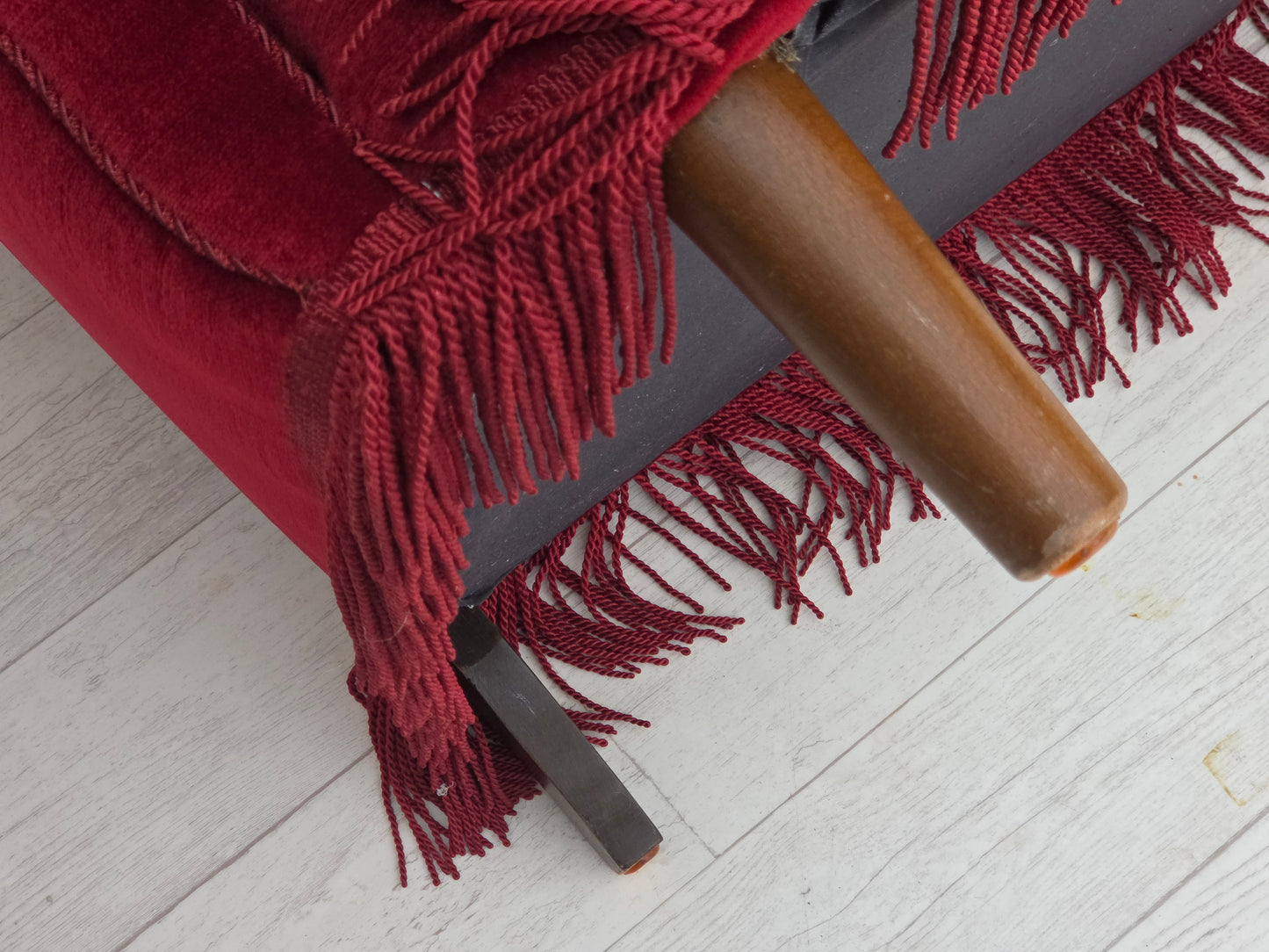 1960s, Danish 3-seater curved sofa, red furniture velour.