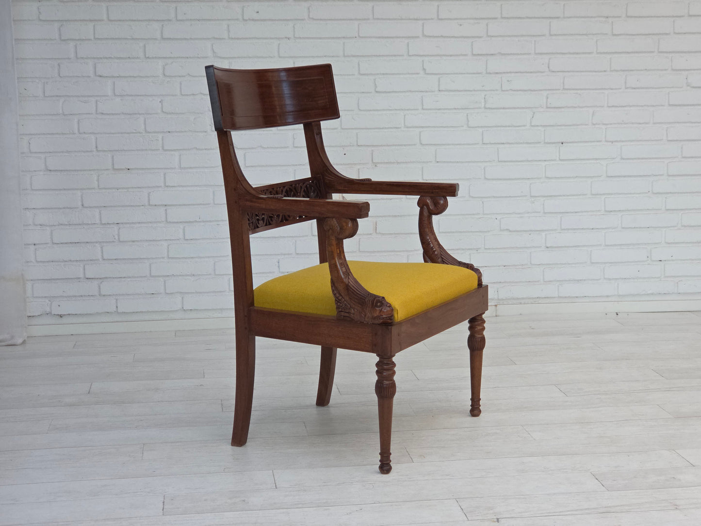 1920-30s, carved wood armchair, design after Georges Jacob, reupholstered.