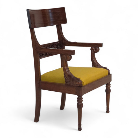 1920-30s, carved wood armchair, design after Georges Jacob, reupholstered.