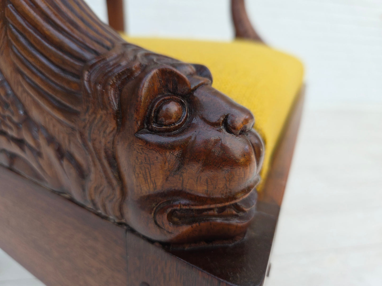 1920-30s, carved wood armchair, design after Georges Jacob, reupholstered.