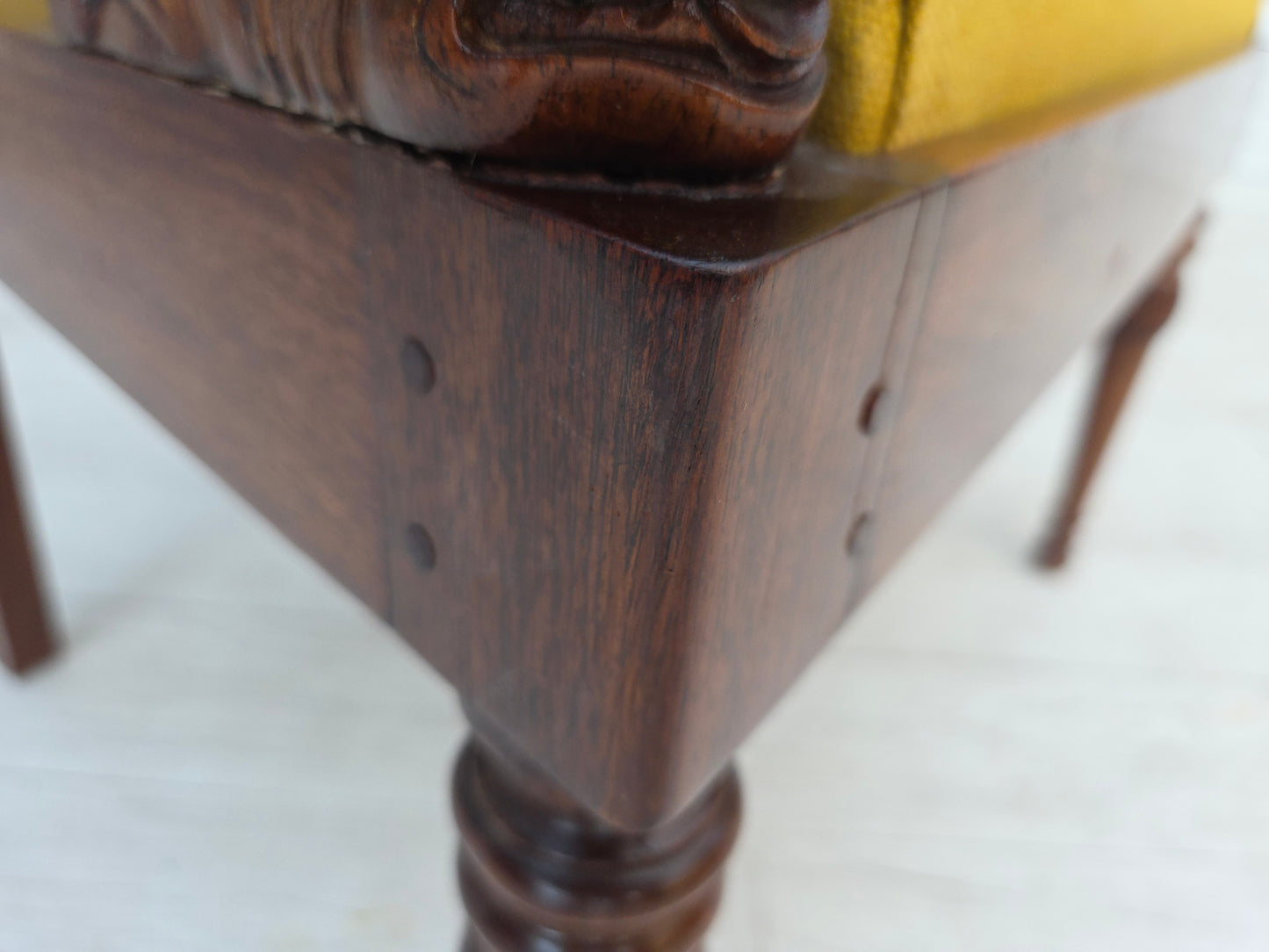 1920-30s, carved wood armchair, design after Georges Jacob, reupholstered.