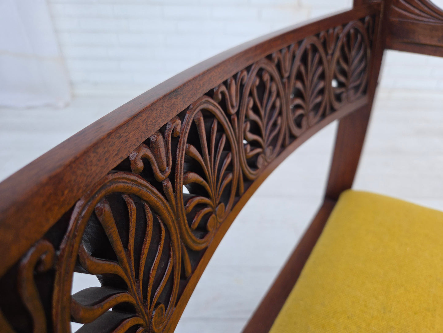 1920-30s, carved wood armchair, design after Georges Jacob, reupholstered.