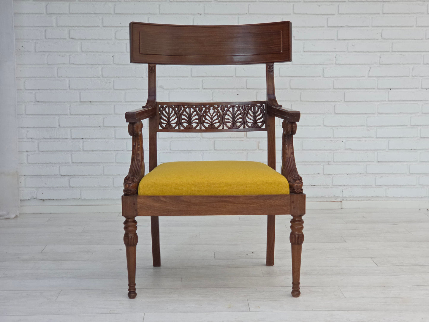 1920-30s, carved wood armchair, design after Georges Jacob, reupholstered.