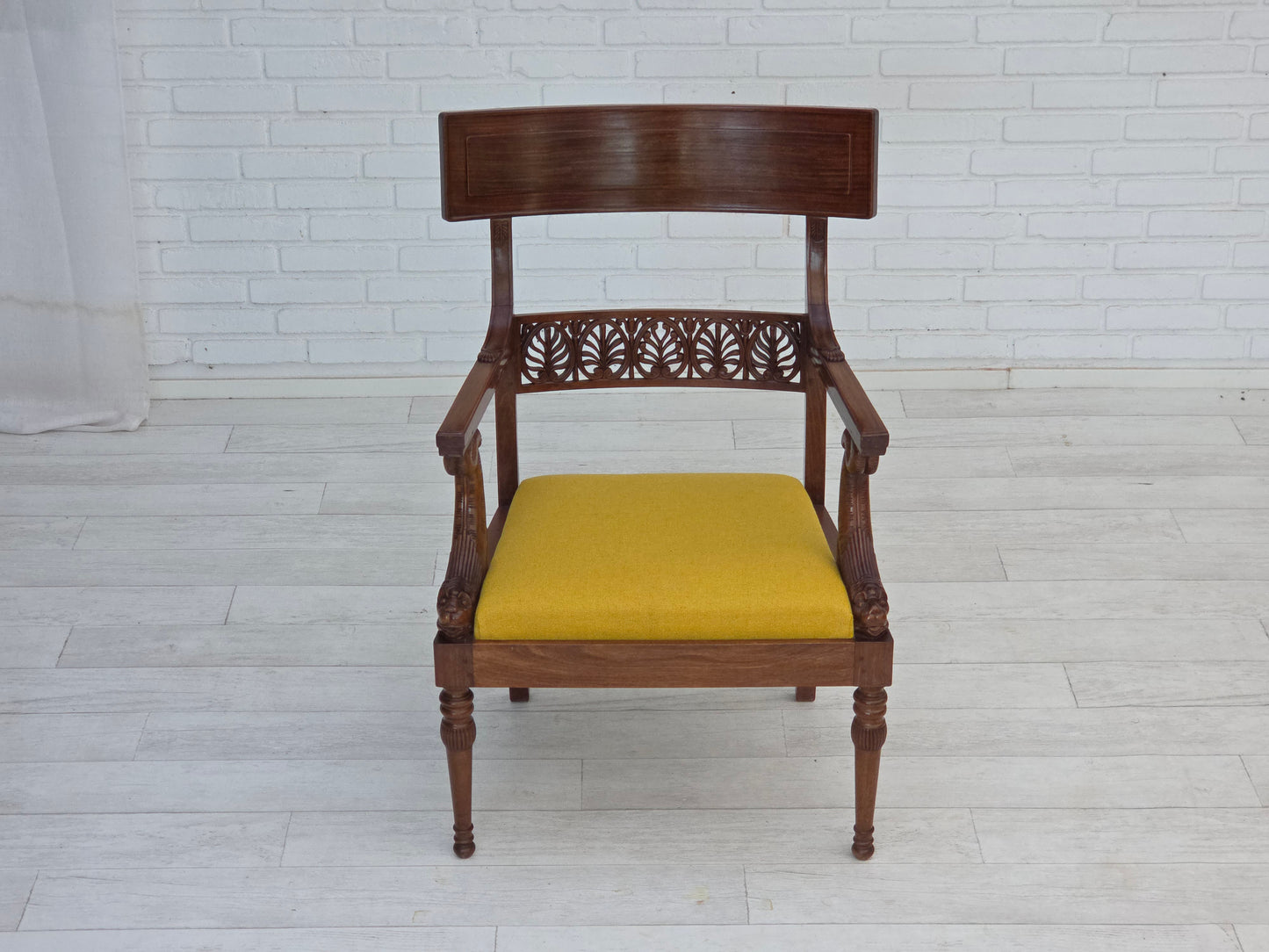1920-30s, carved wood armchair, design after Georges Jacob, reupholstered.