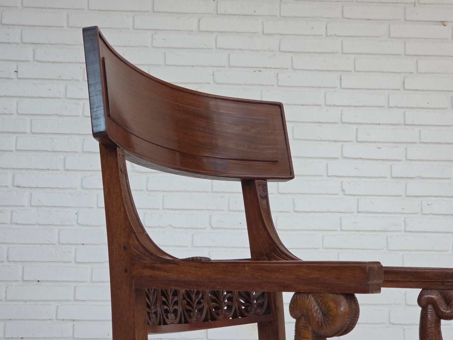 1920-30s, carved wood armchair, design after Georges Jacob, reupholstered.