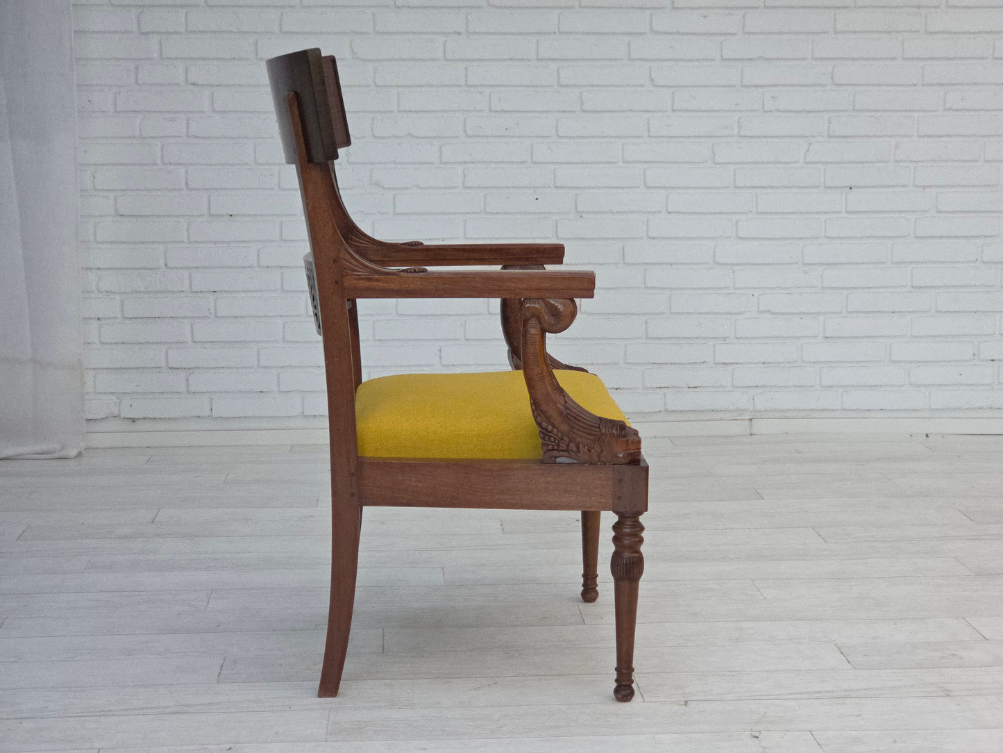 1920-30s, carved wood armchair, design after Georges Jacob, reupholstered.