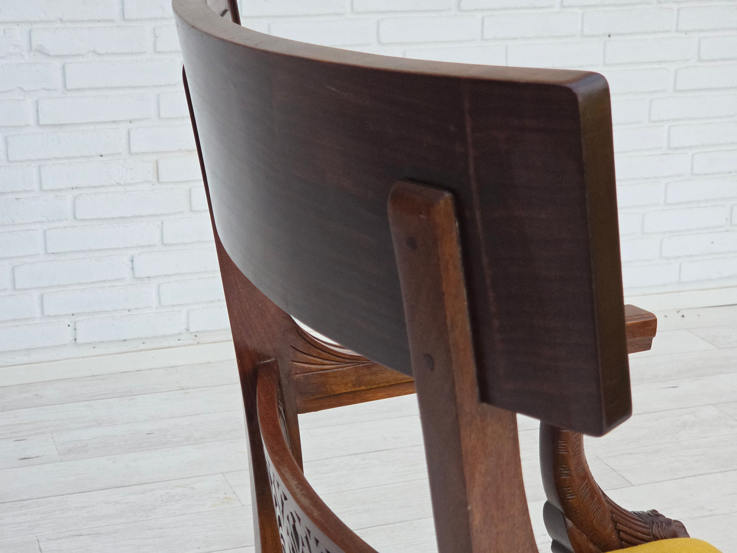 1920-30s, carved wood armchair, design after Georges Jacob, reupholstered.