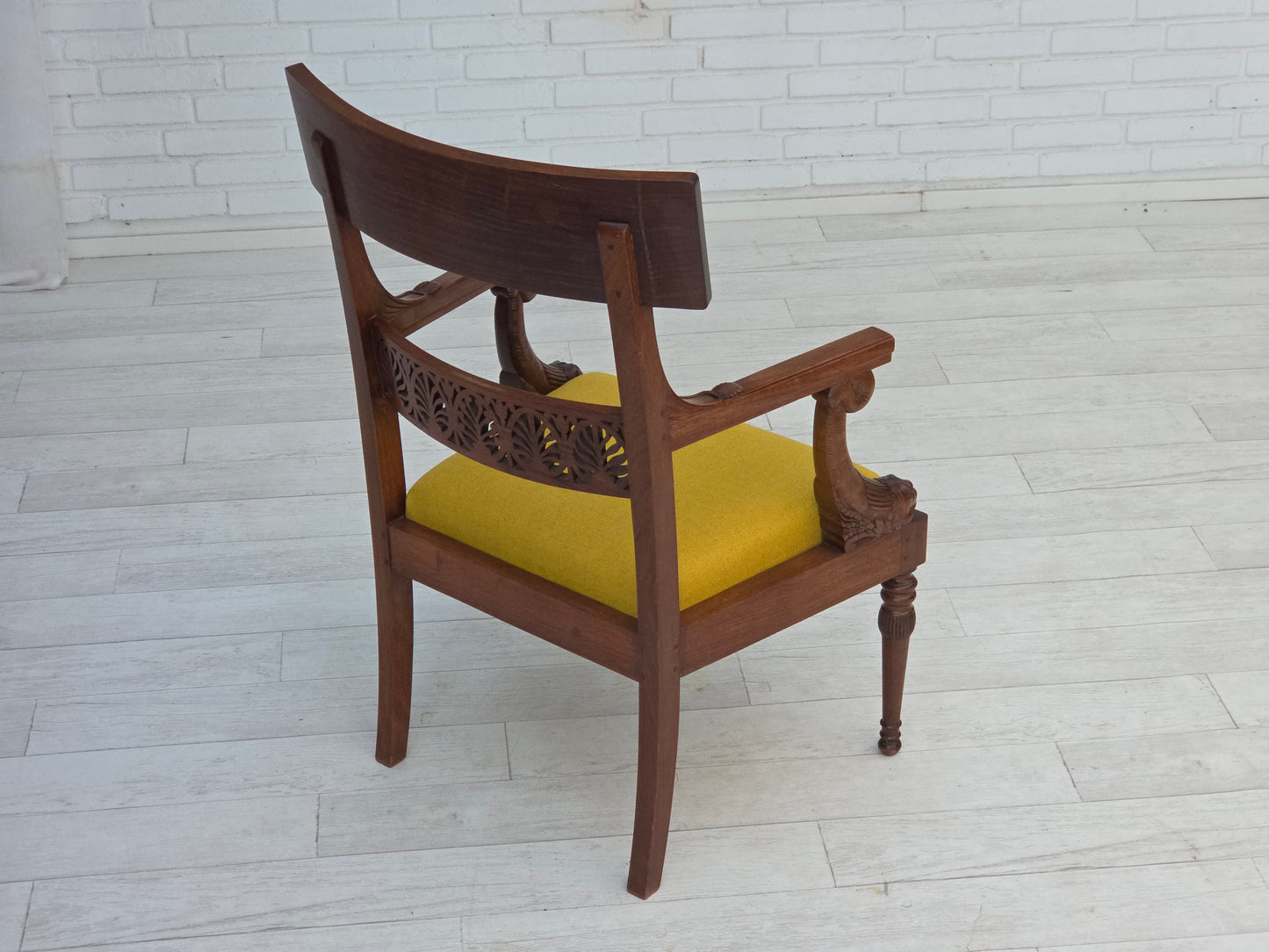 1920-30s, carved wood armchair, design after Georges Jacob, reupholstered.
