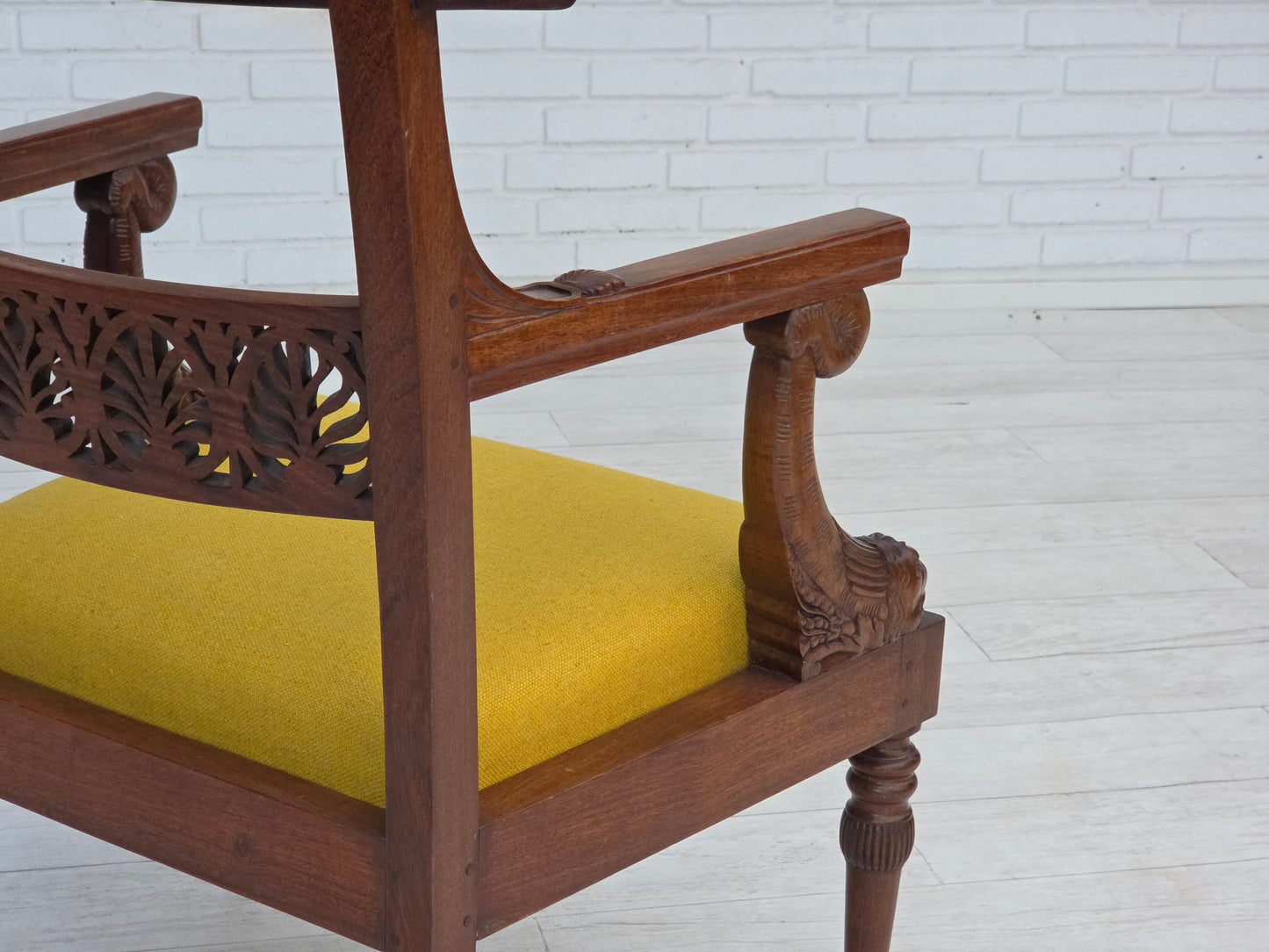 1920-30s, carved wood armchair, design after Georges Jacob, reupholstered.