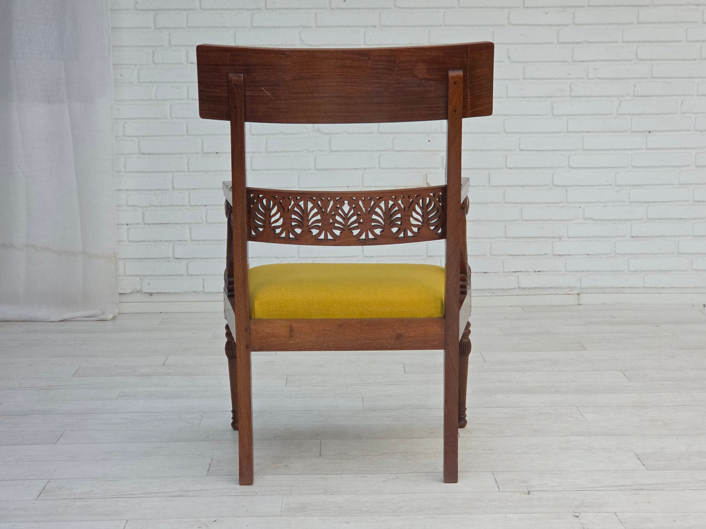 1920-30s, carved wood armchair, design after Georges Jacob, reupholstered.