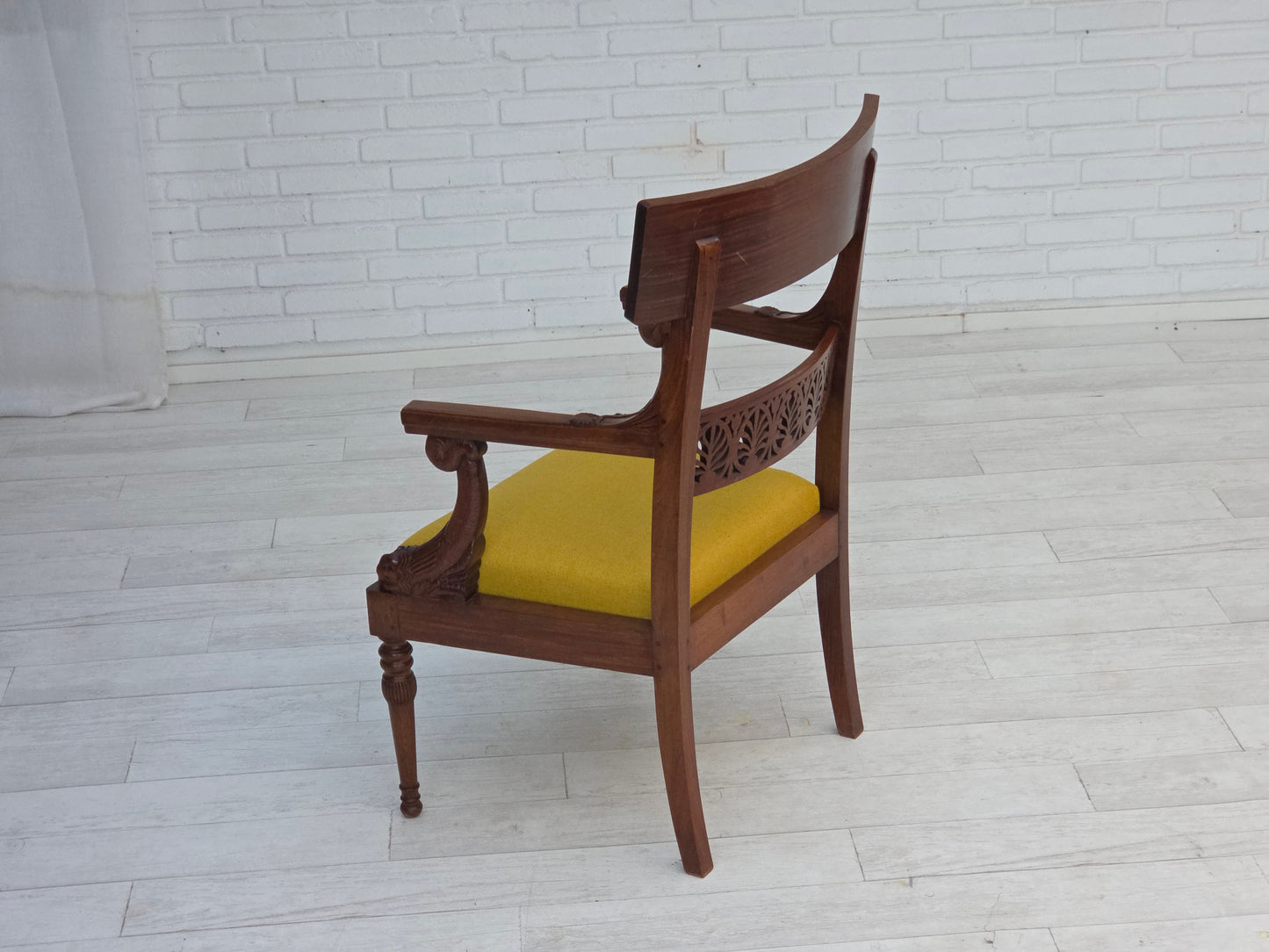 1920-30s, carved wood armchair, design after Georges Jacob, reupholstered.