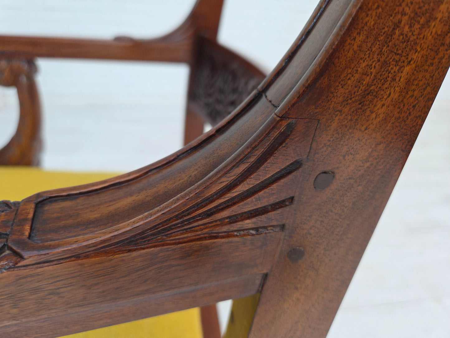 1920-30s, carved wood armchair, design after Georges Jacob, reupholstered.