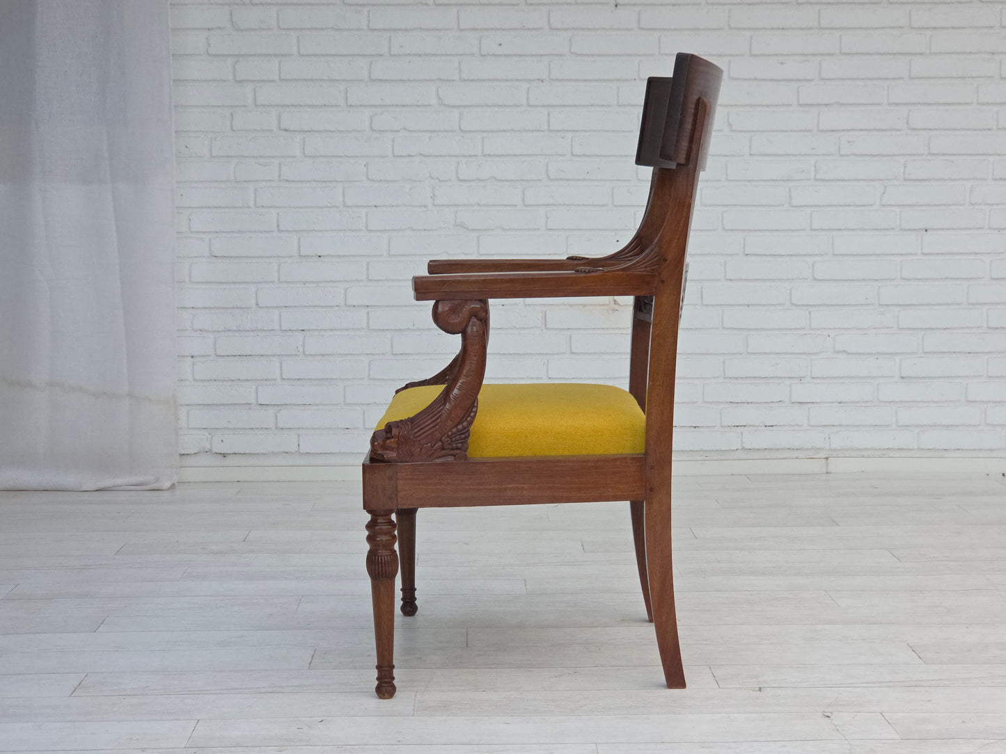 1920-30s, carved wood armchair, design after Georges Jacob, reupholstered.