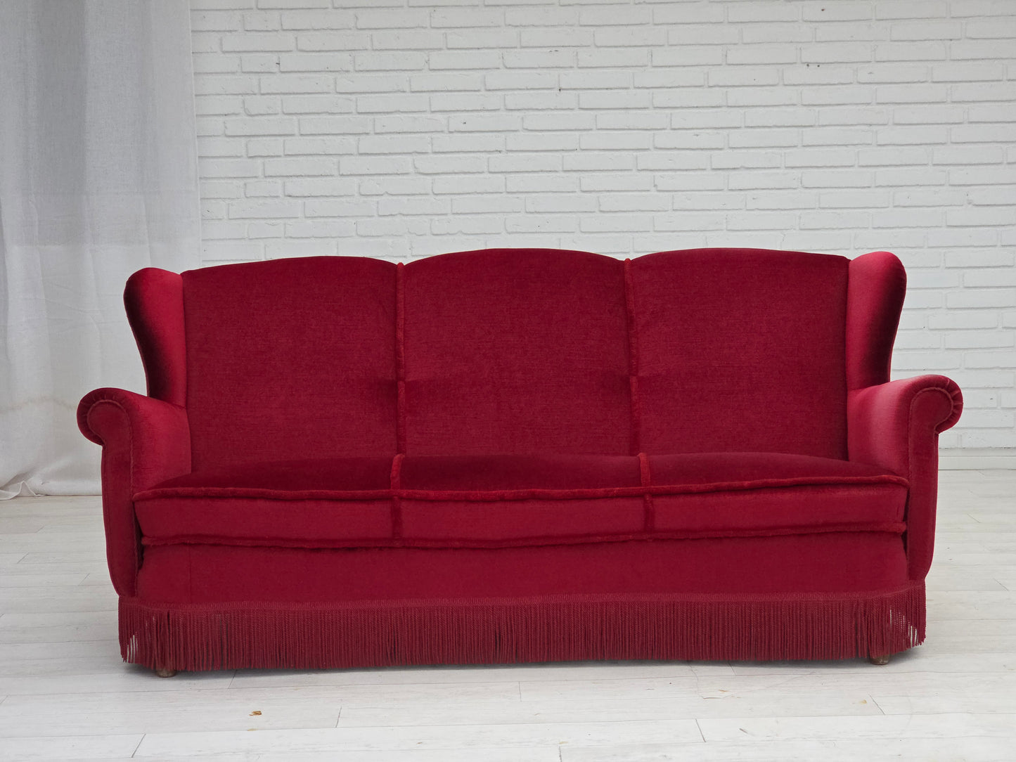1960s, Danish 3-seater curved sofa, red furniture velour.