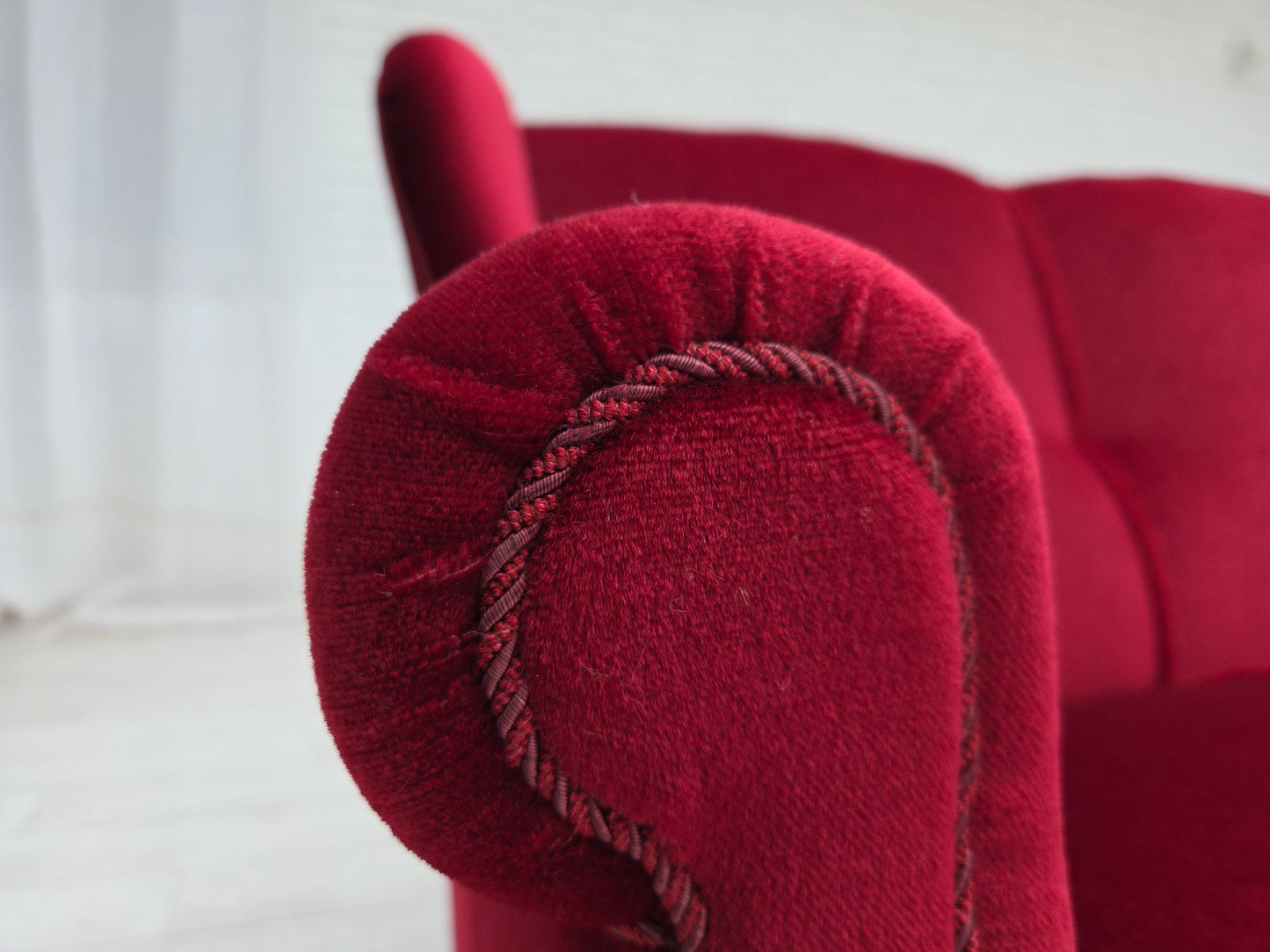 1960s, Danish 3-seater curved sofa, red furniture velour.