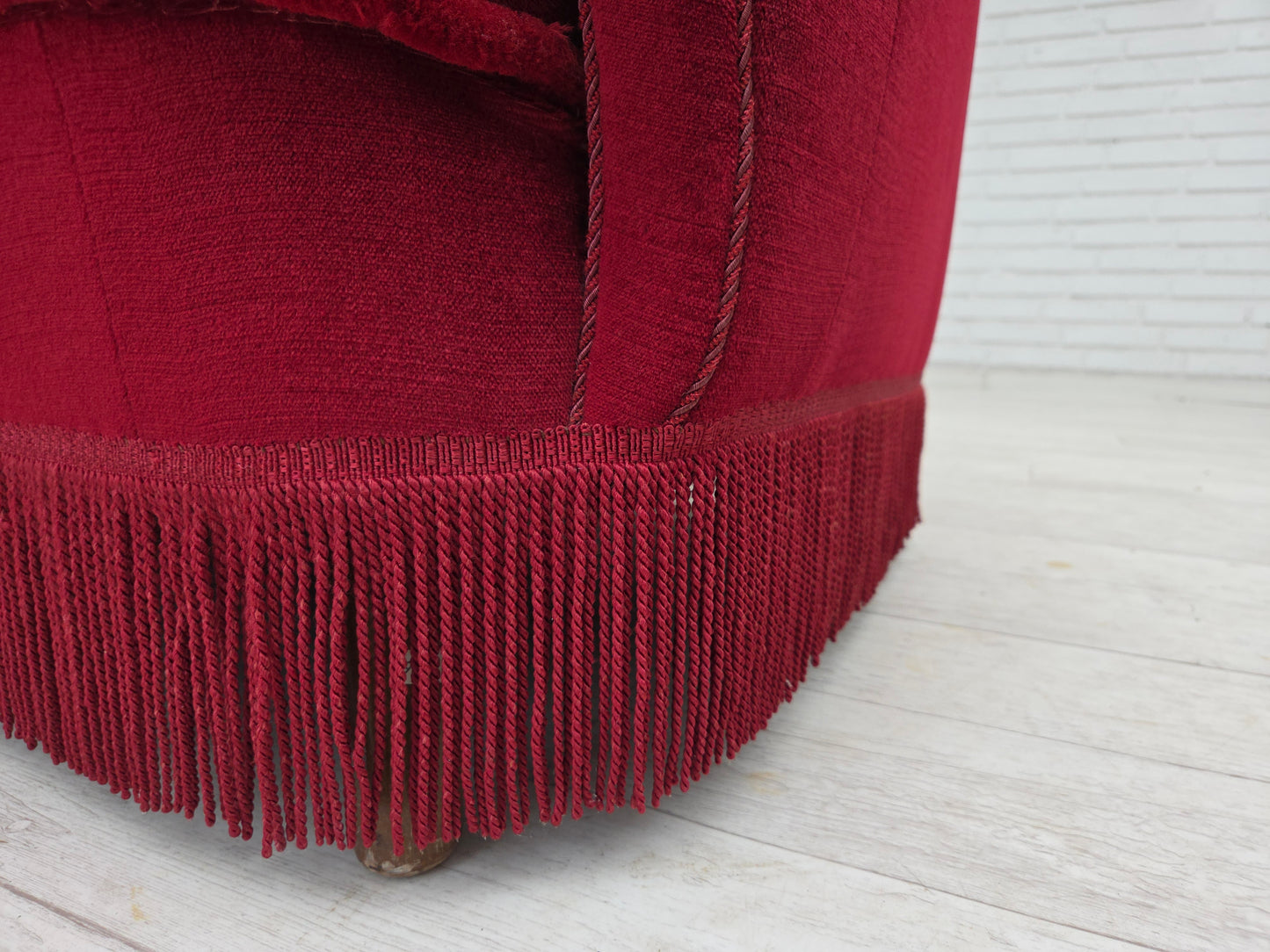 1960s, Danish 3-seater curved sofa, red furniture velour.