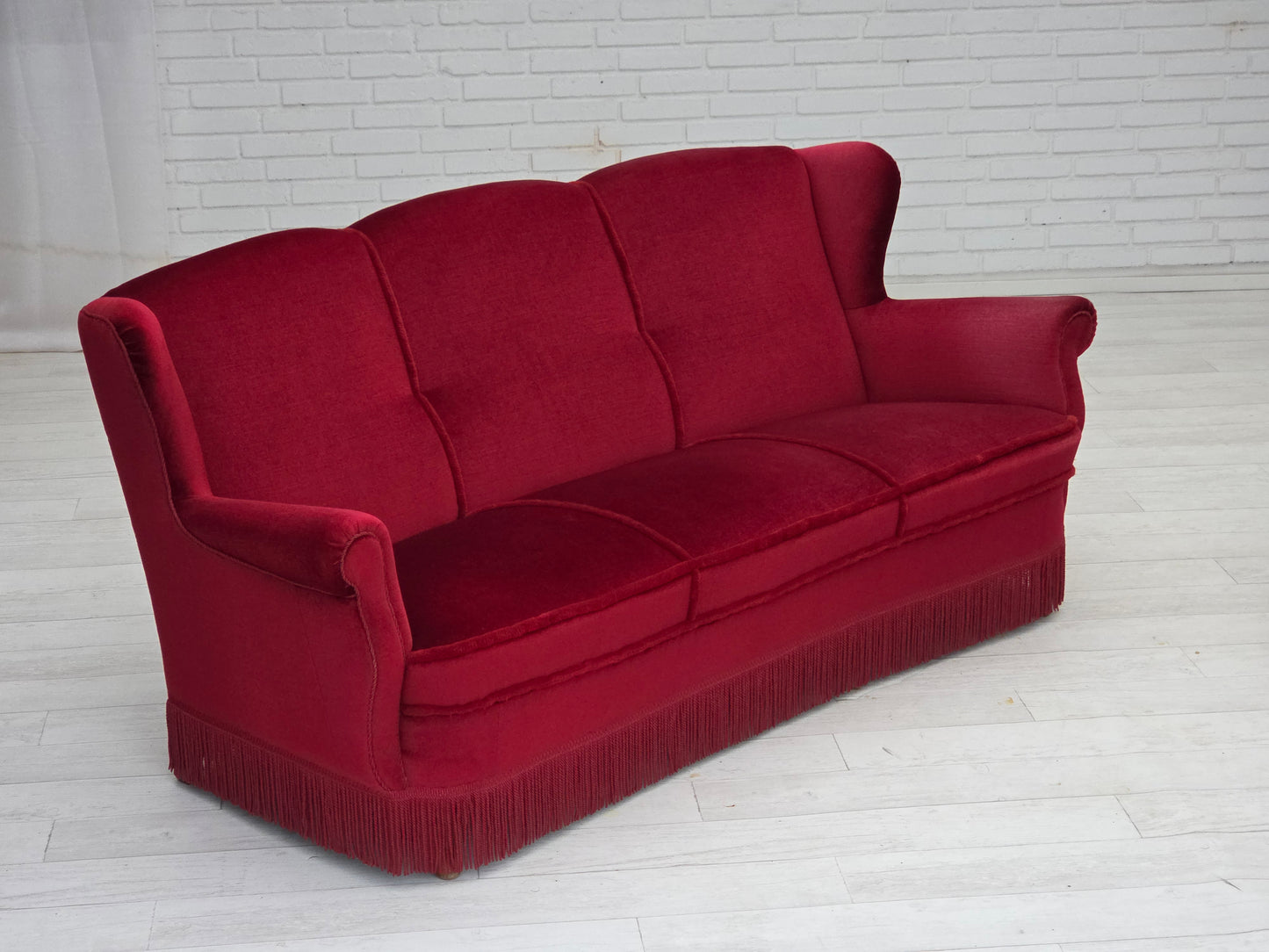 1960s, Danish 3-seater curved sofa, red furniture velour.